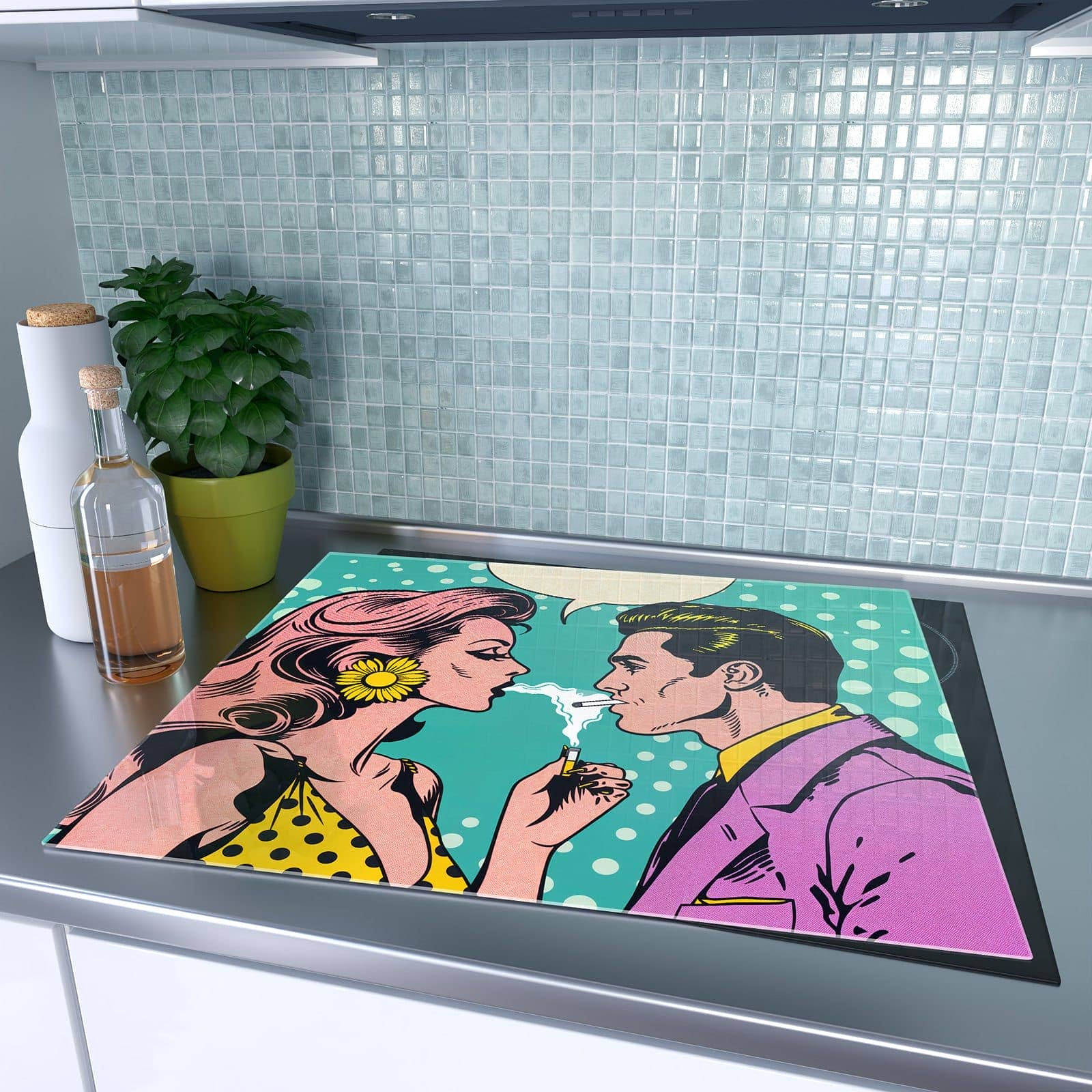 1-teilige Herdabdeckplatten für den Herd mit Retro Pop Art Duo-Motiv auf dem Ceranfeld