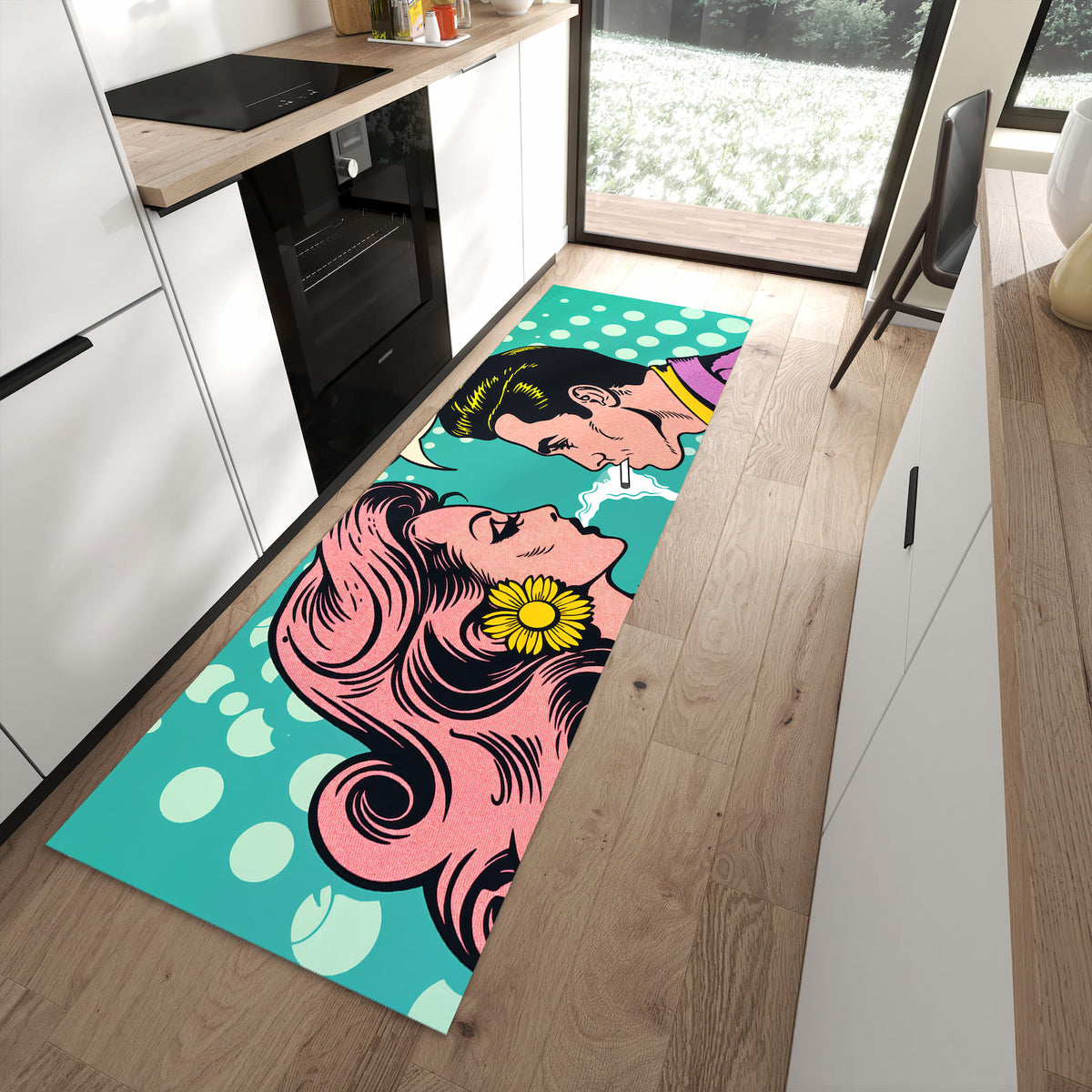 Rutschfester Küchenläufer mit Motiv Retro Pop Art Duo in moderner Küche