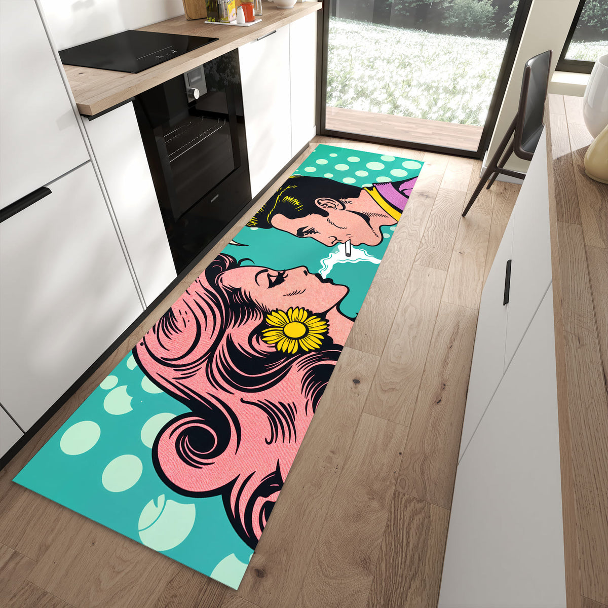 Rutschfester Küchenteppich mit Motiv Retro Pop Art Duo in moderner Küche - leicht zu reinigen