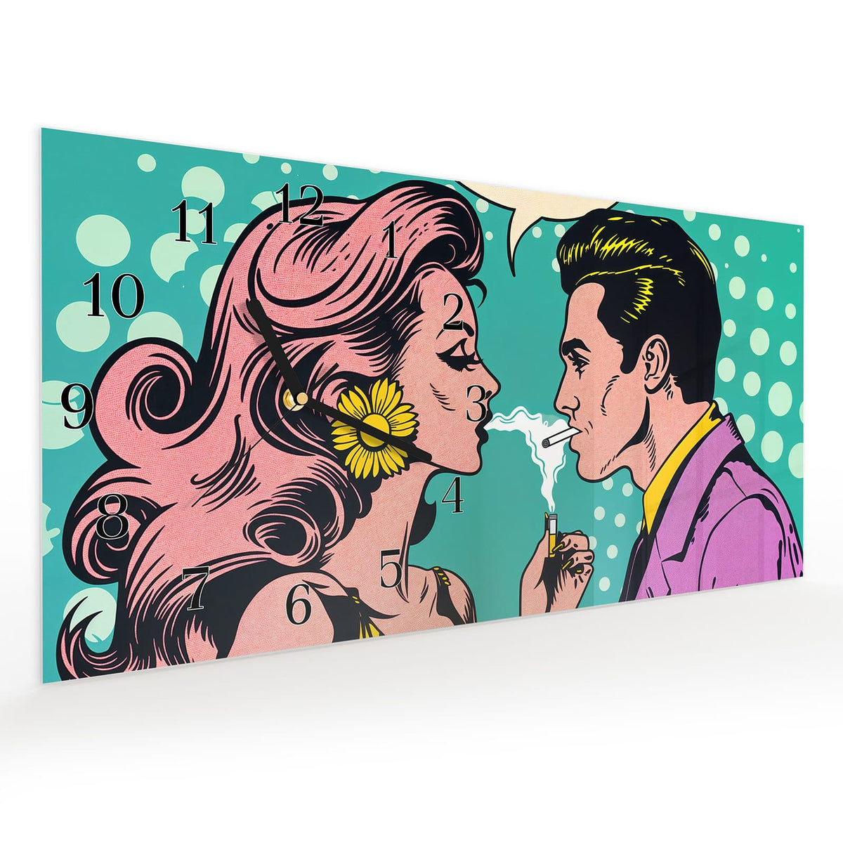 Vormontiert – mit Schwebeeffekt – Wanduhr Retro Pop Art Duo aus Glas – Querformat 60 × 30 cm