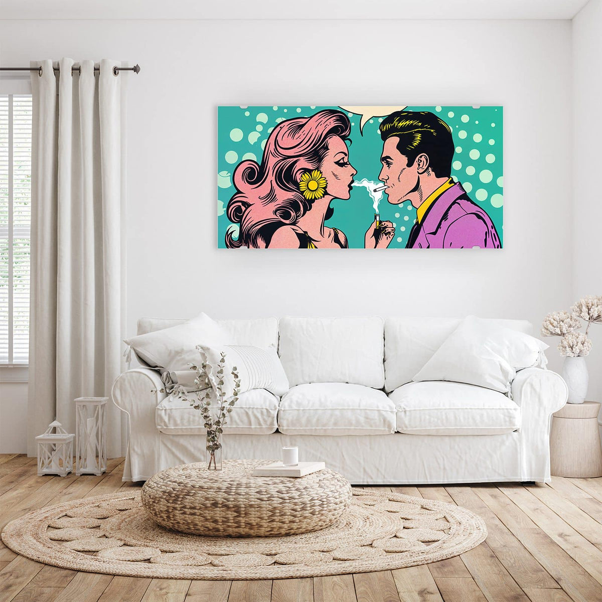 Wandbild - Paar mit Sprechblase - Querformat – Pop-Art-Paar vor Punkten