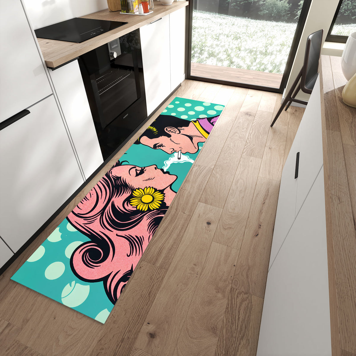 Geruchsneutraler rutschfester Küchenteppich mit Motiv Retro Pop Art Duo in moderner Küche