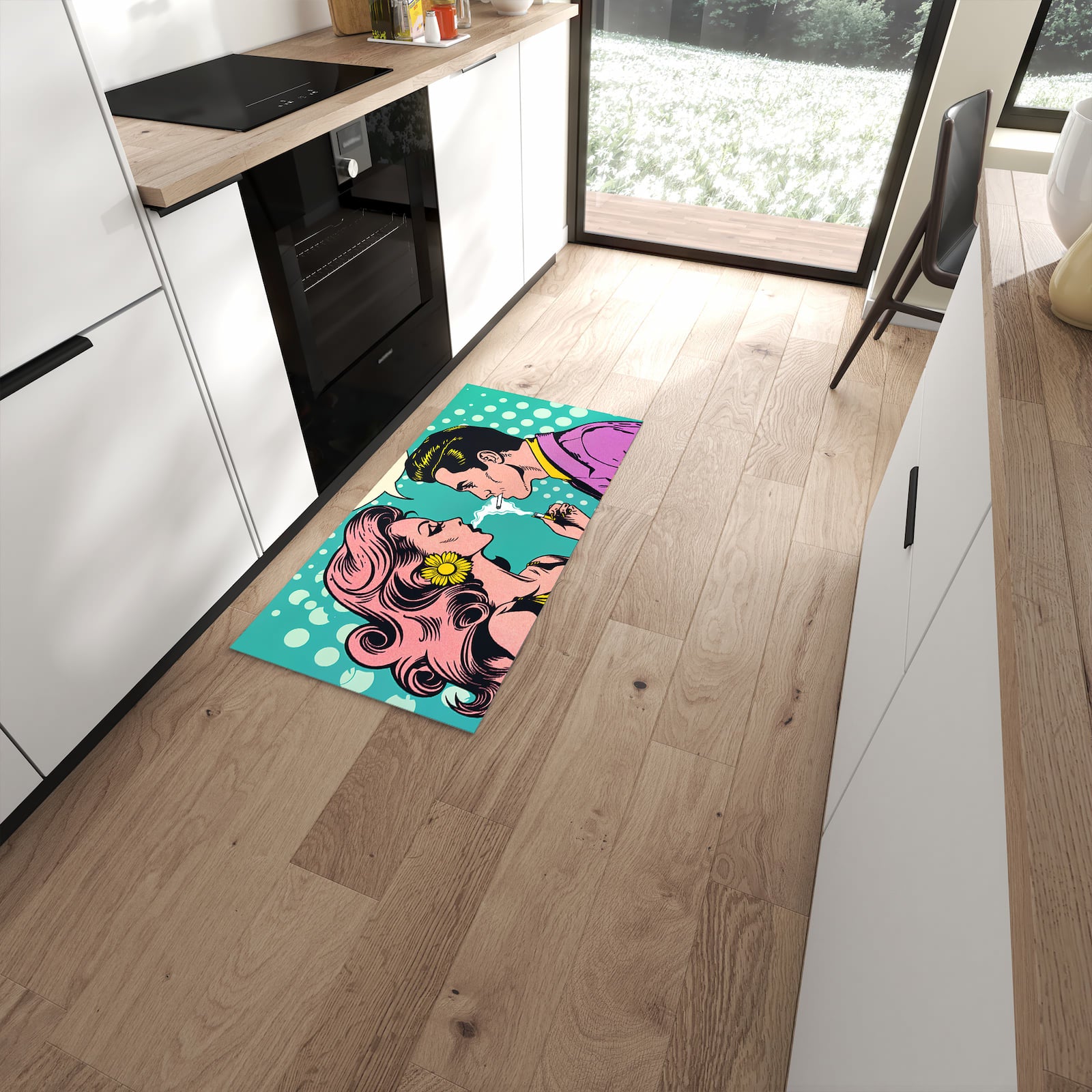 Waschbarer dünner Küchenteppich mit Motiv Retro Pop Art Duo in moderner Küche #grösse_60 x 120 cm