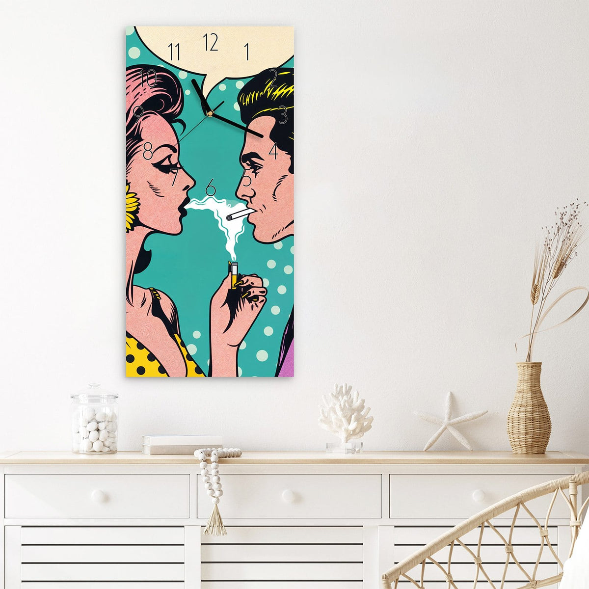 Wanduhr Retro Pop Art Duo aus Glas – Pop-Art-Paar vor Punkten