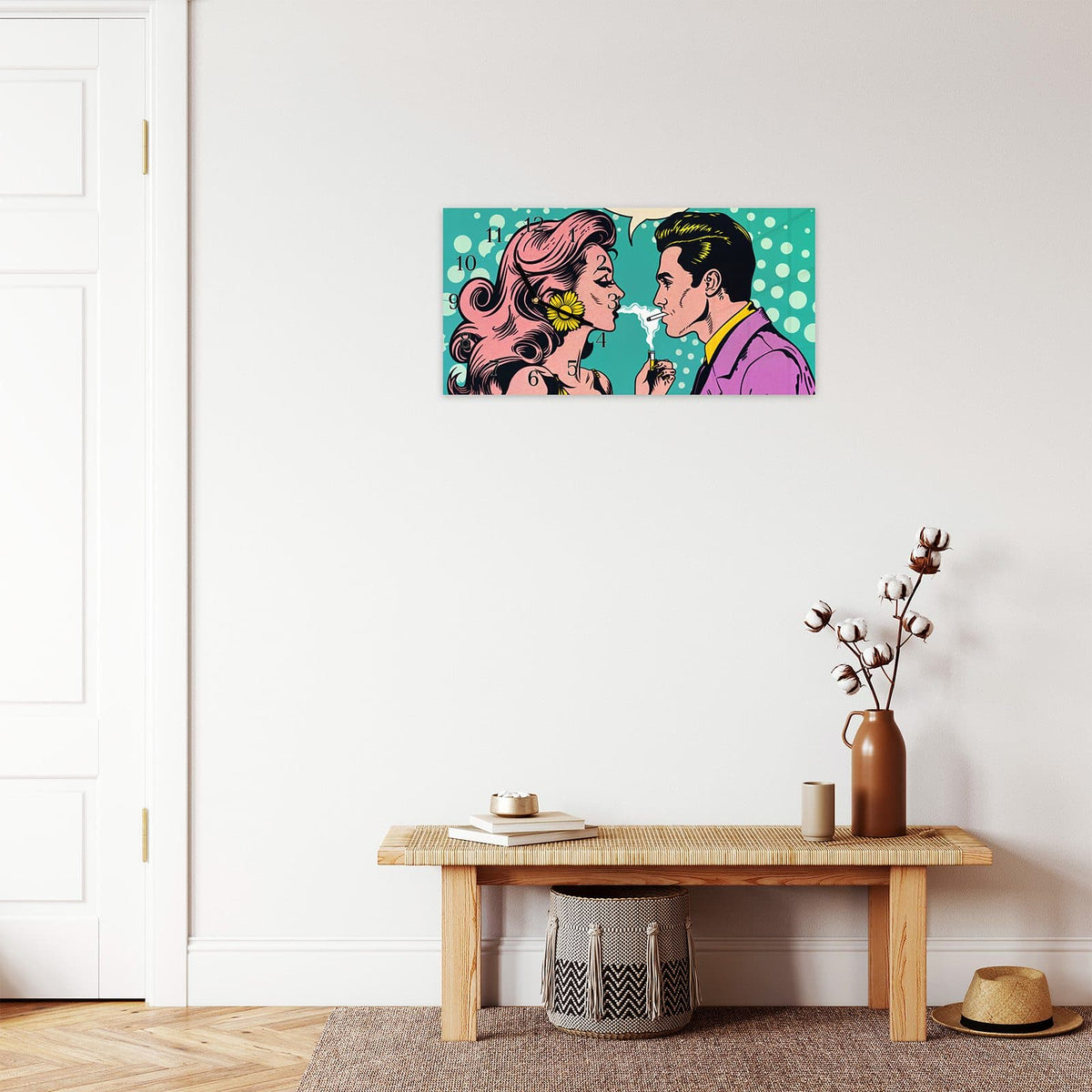 Moderne Wanduhr aus Glas mit Farbtiefe – Wanduhr Retro Pop Art Duo aus Glas – Querformat 60 × 30 cm