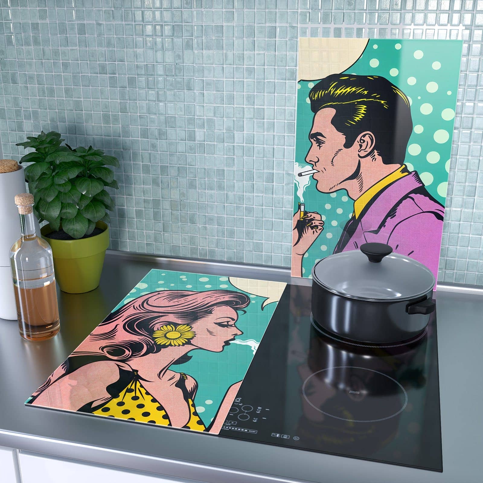 2-teilige Herdabdeckplatten für Ceranfeld mit Retro Pop Art Duo-Motiv als Spritzschutz hinter dem Kochfeld
