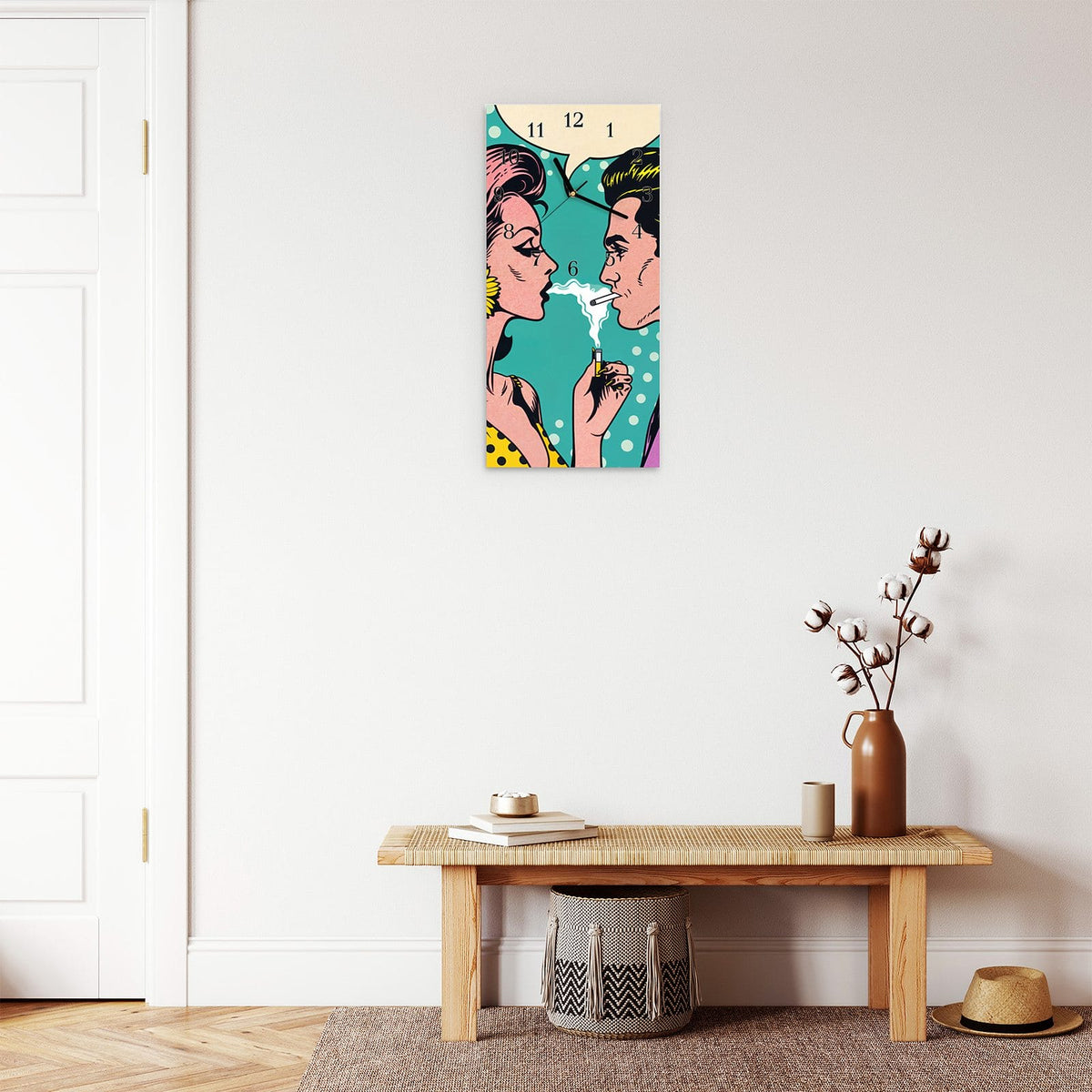 Moderne Wanduhr aus Glas mit Farbtiefe – Wanduhr Retro Pop Art Duo aus Glas – Hochformat 30 × 60 cm