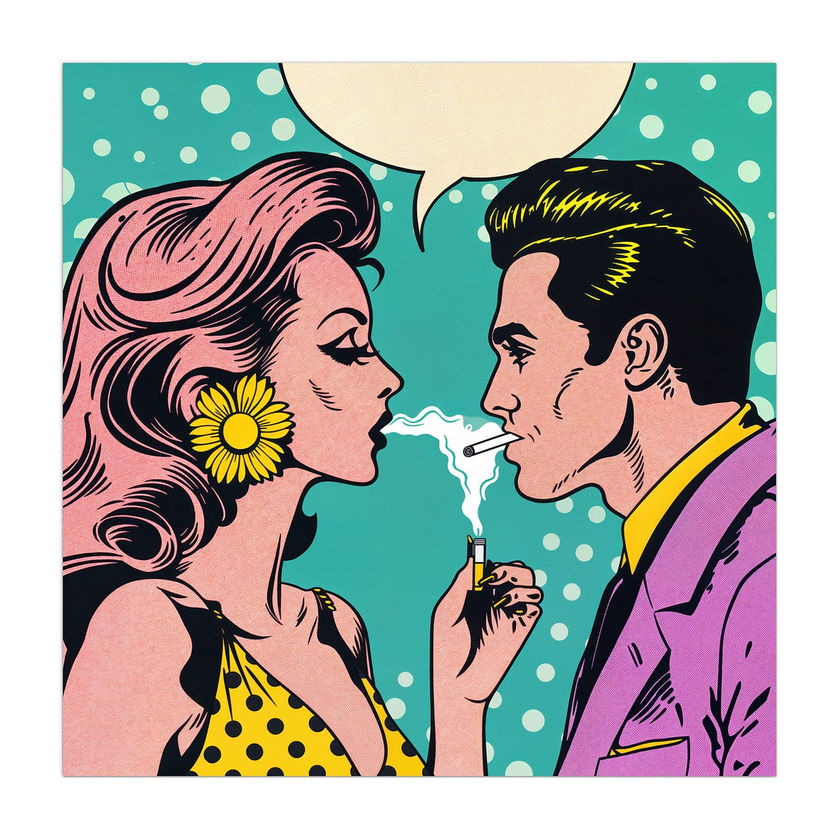 Comic-Paar: Frau mit rosa Haar gibt dem Mann Feuer, türkiser Punktgrund, leere Sprechblase