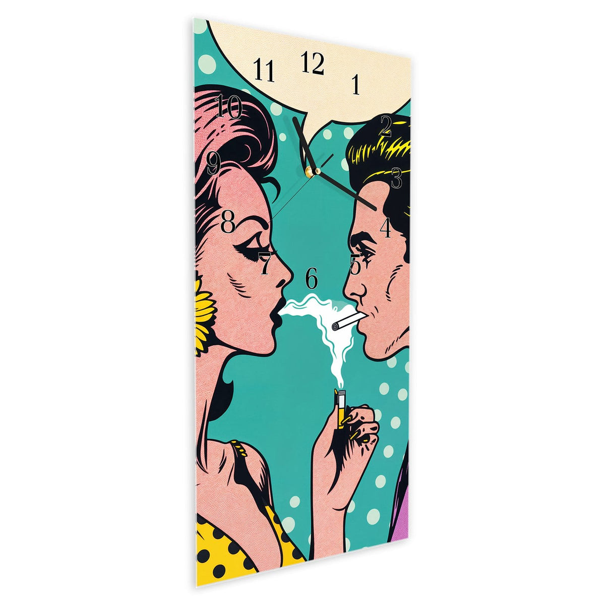 Vormontiert – mit Schwebeeffekt – Wanduhr Retro Pop Art Duo aus Glas – Hochformat 30 × 60 cm