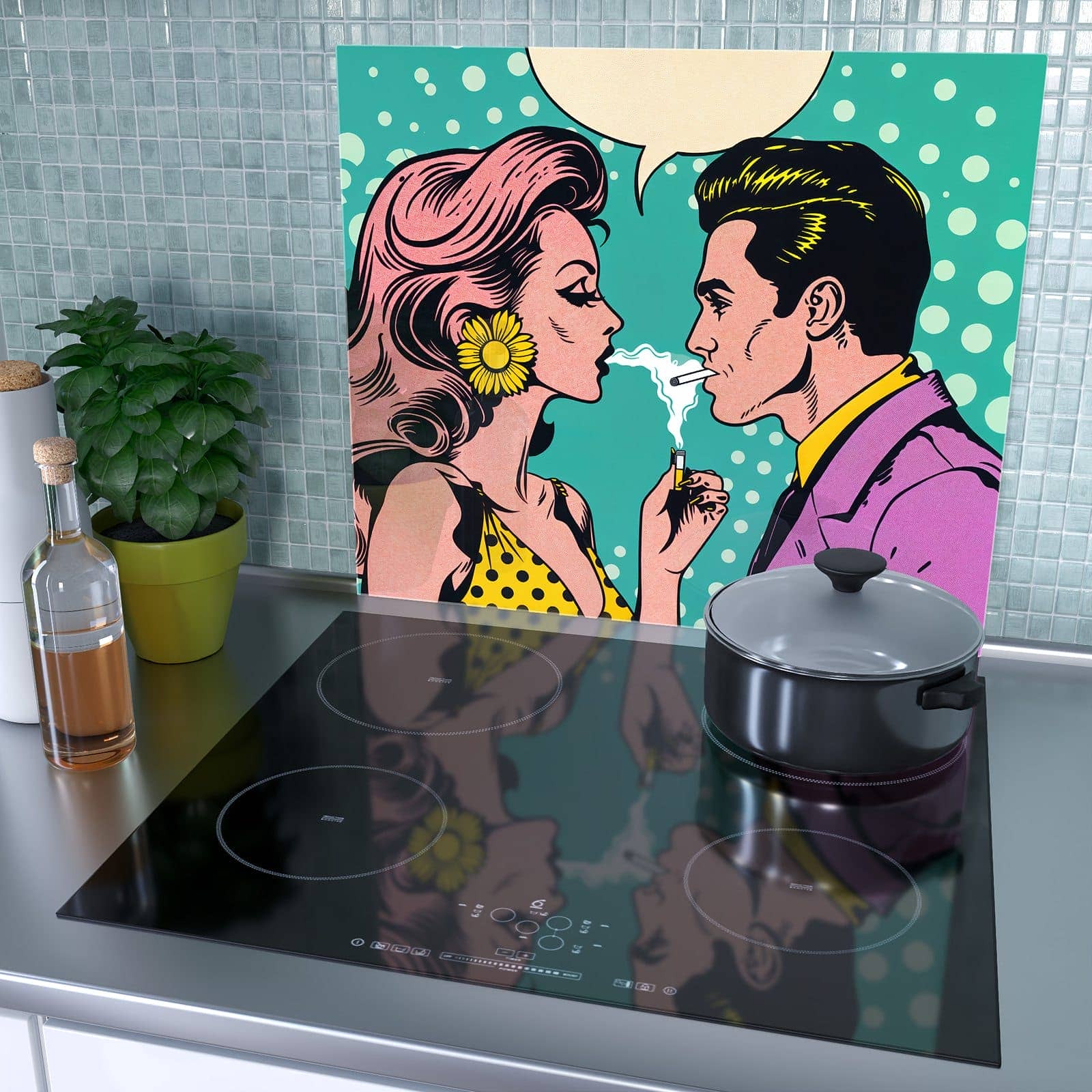 1-teilige Herdabdeckplatte mit Retro Pop Art Duo-Motiv als Spritzschutz hinter dem Kochfeld