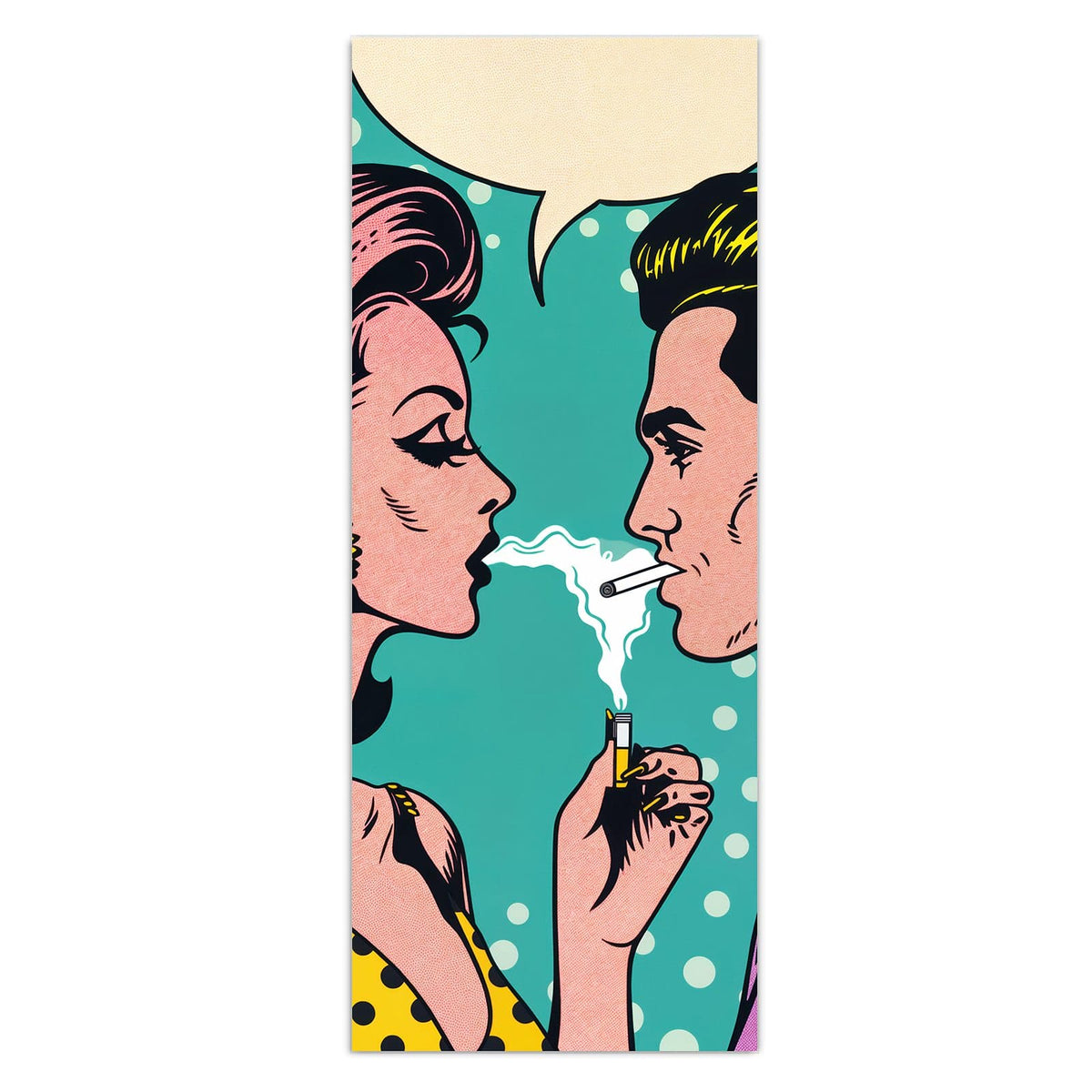 Wandbild - Paar mit Sprechblase - Hochformat – Pop-Art-Paar vor Punkten
