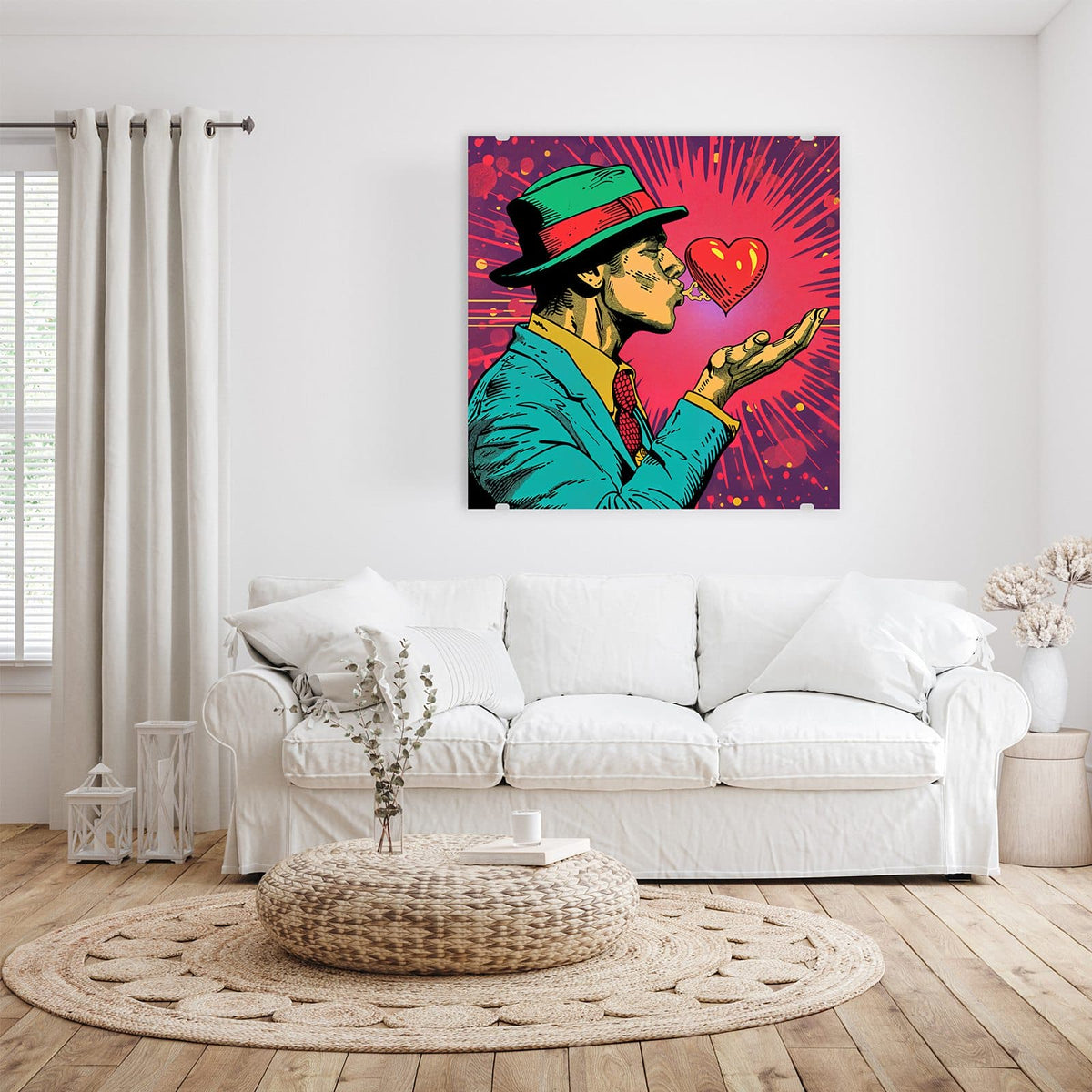 Glasbild Mann mit rotem Herz an der Wand – Comicfigur mit grün-rotem Hut pustet ein rotes Herz von der Handfläche, Strahlenhintergrund