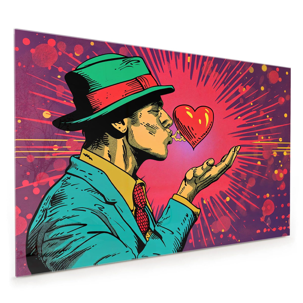 Küchenrückwand aus Glas im Hochformat: Comicfigur mit grün-rotem Hut pustet ein rotes Herz von der Handfläche, Strahlenhintergrund