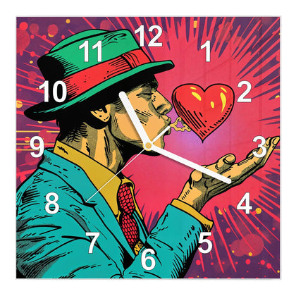 Wanduhr Quadratisch mit dem Motiv Mann mit rotem Herz