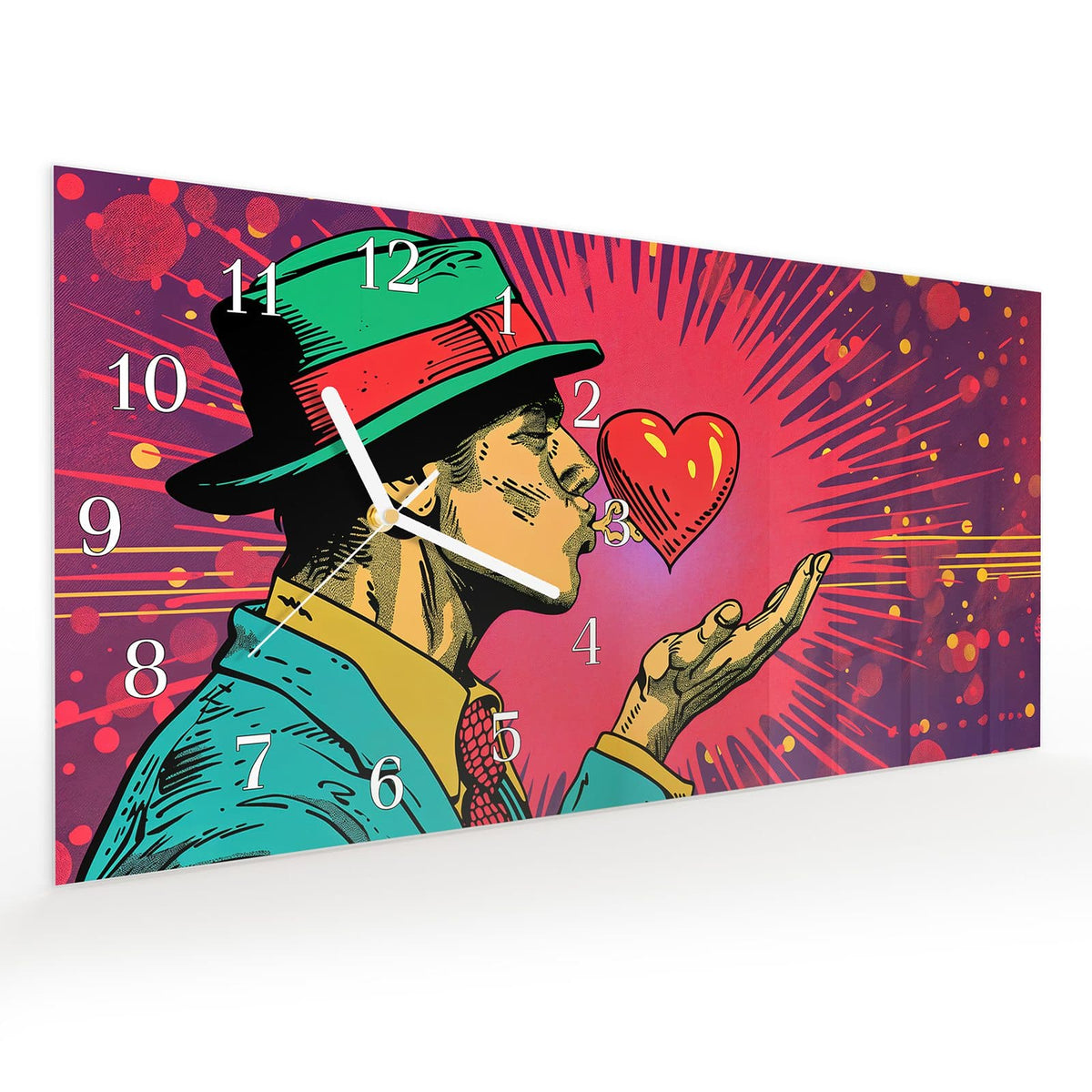 Vormontiert – mit Schwebeeffekt – Wanduhr Kuss der Liebe aus Glas – Querformat 60 × 30 cm