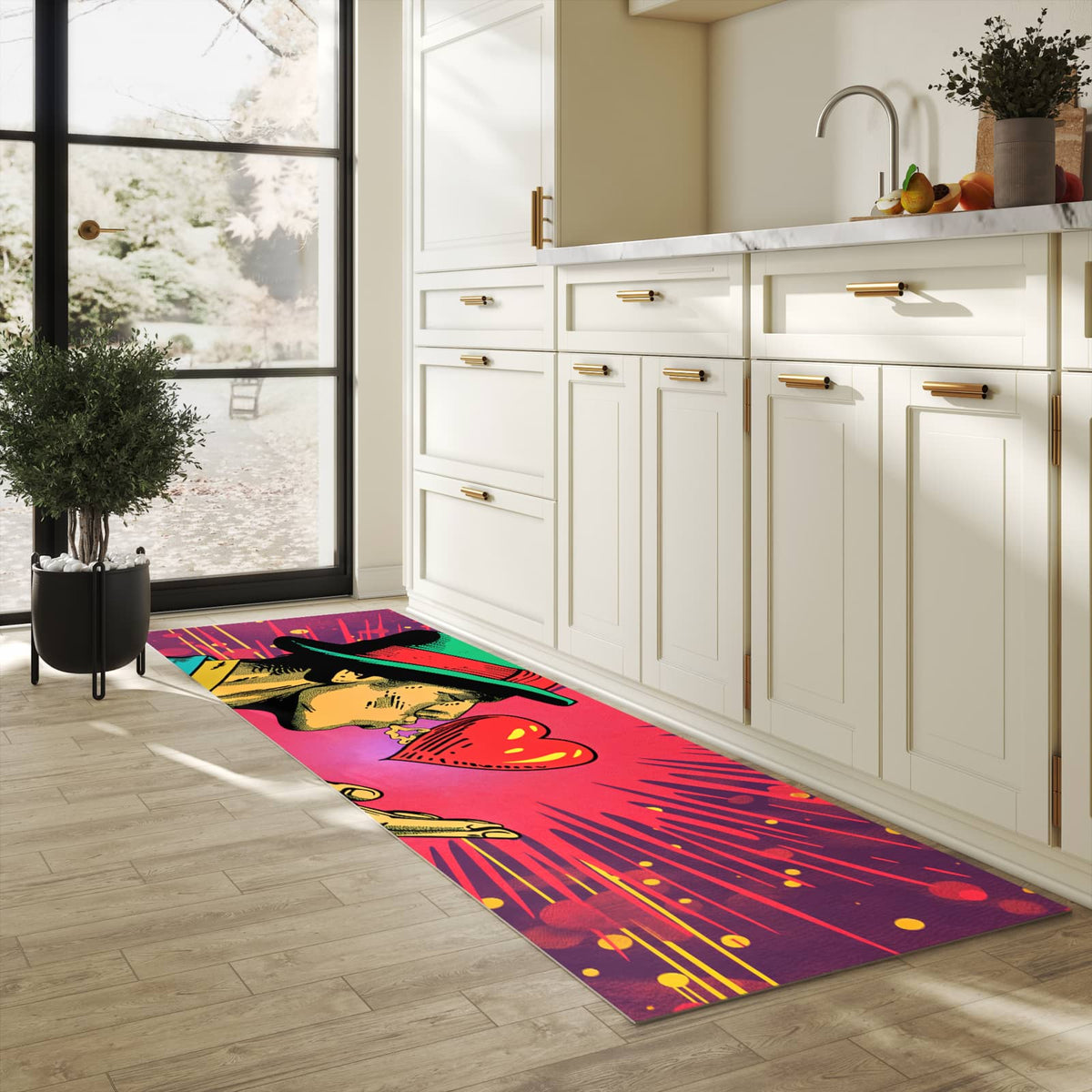 Waschbarer Küchenteppich mit Motiv Kuss der Liebe für Ordnung in heller Küche