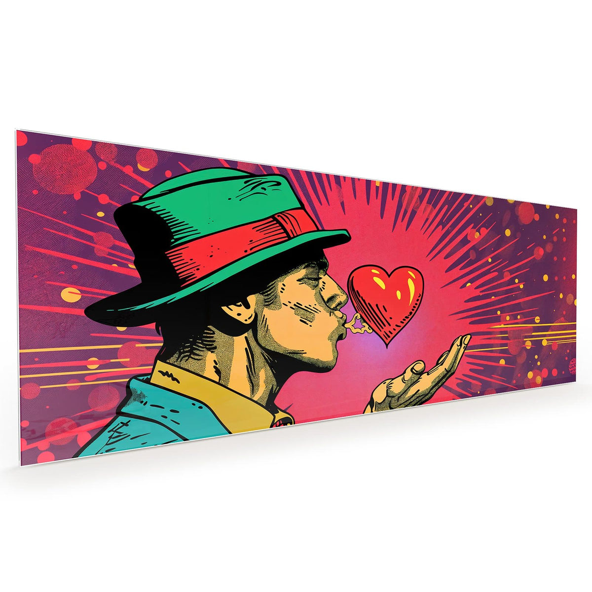 Küchenrückwand aus Glas im Hochformat: Comicfigur mit grün-rotem Hut pustet ein rotes Herz von der Handfläche, Strahlenhintergrund #grösse_40 x 100 cm #grösse_50 x 125 cm #grösse_60 x 150 cm