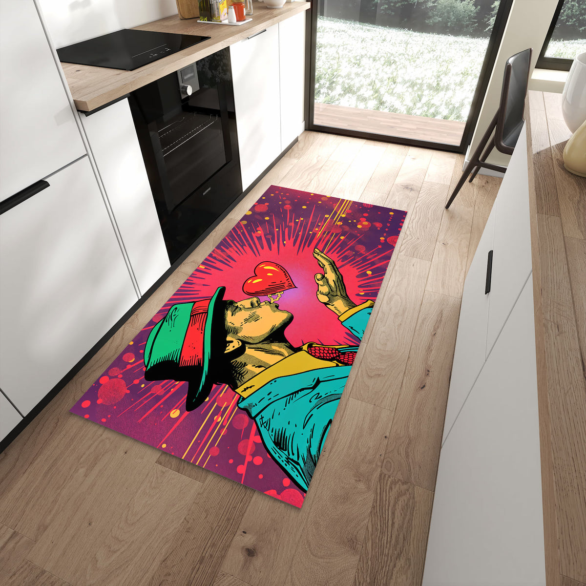 UV-beständiger dünner Teppich mit Motiv Kuss der Liebe in moderner Küche