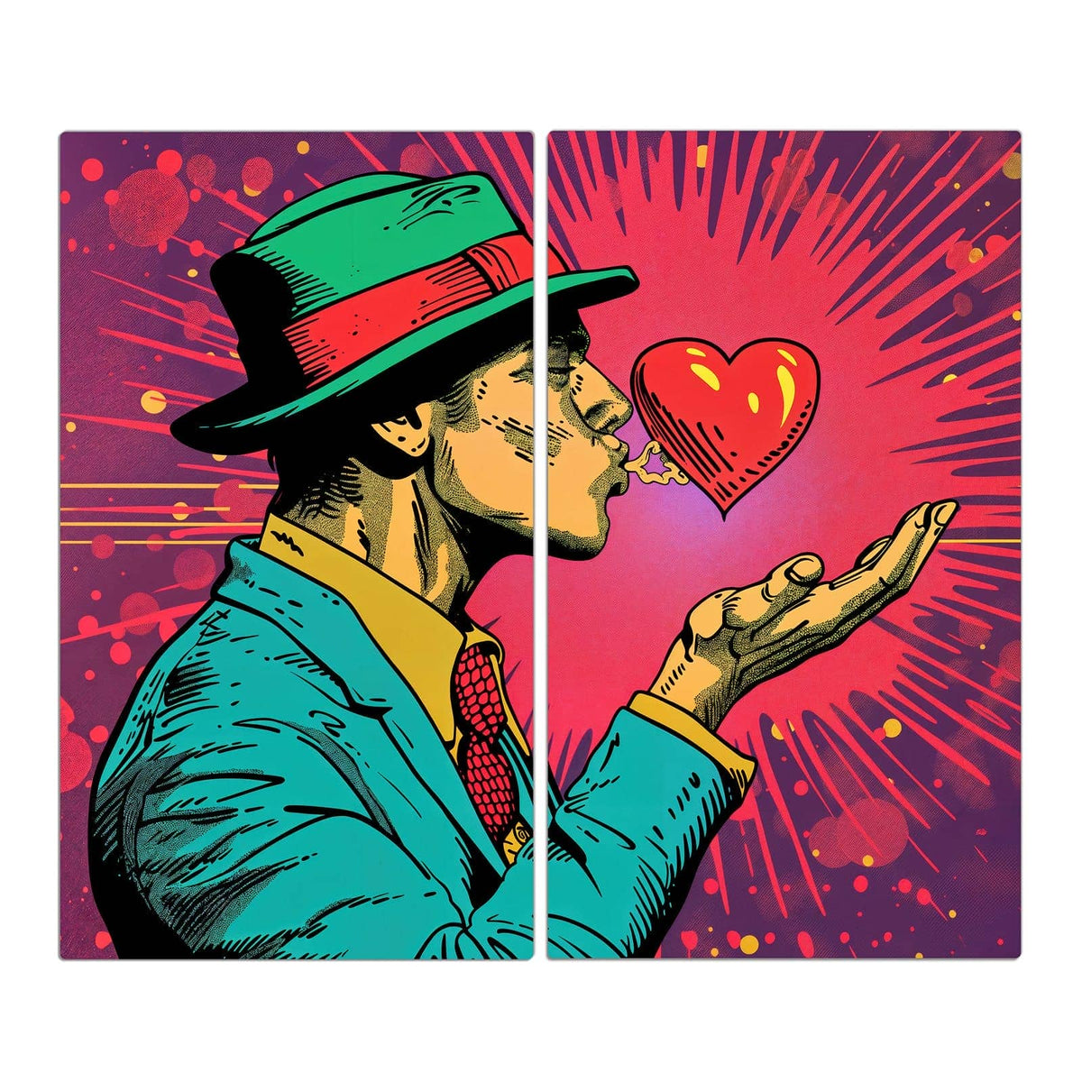 Comicfigur mit grün-rotem Hut pustet ein rotes Herz von der Handfläche, Strahlenhintergrund