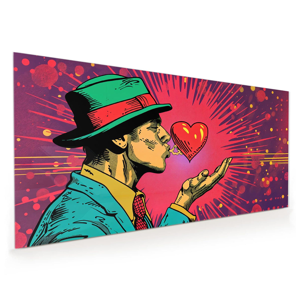 Küchenrückwand aus Glas im Hochformat: Comicfigur mit grün-rotem Hut pustet ein rotes Herz von der Handfläche, Strahlenhintergrund