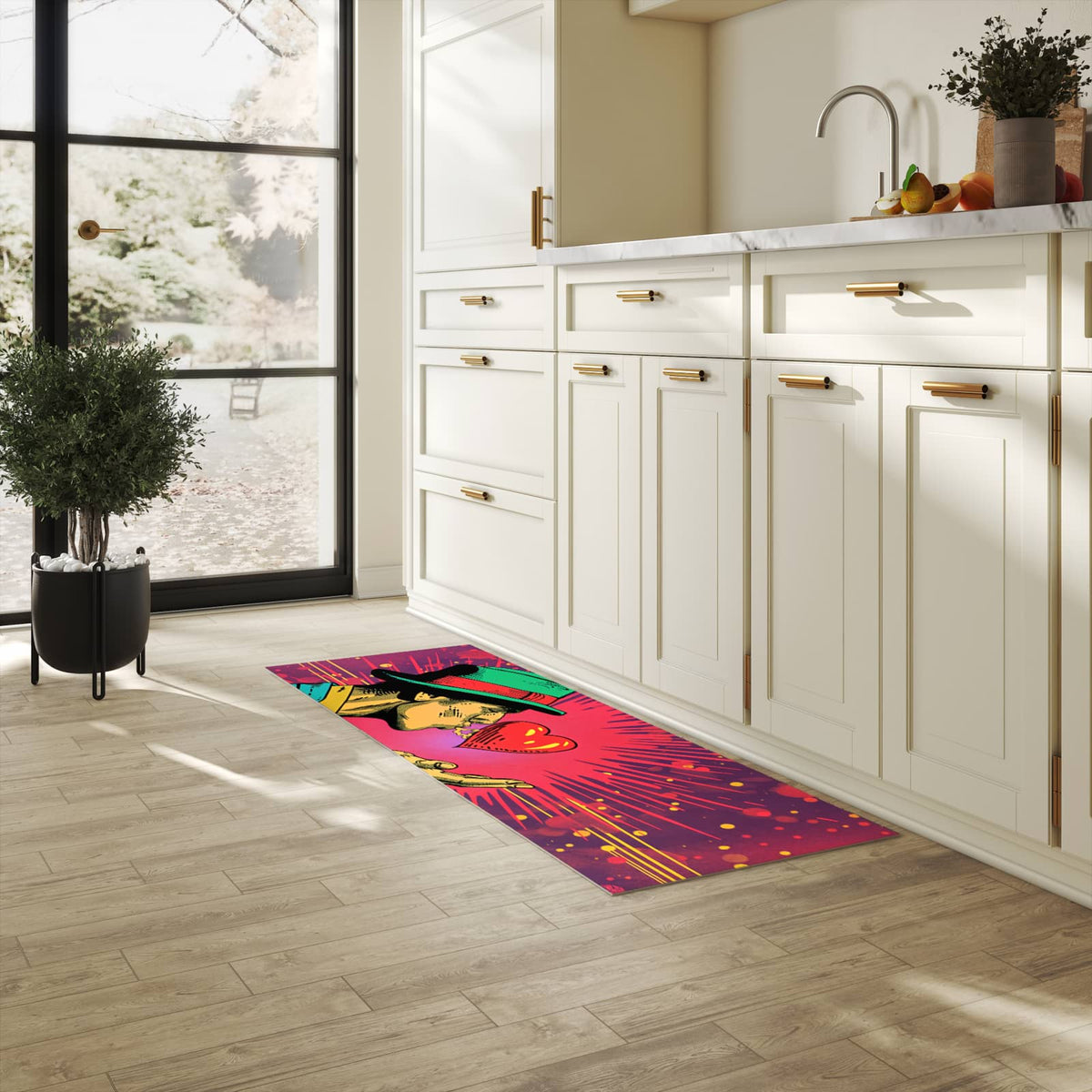 Hygienischer Bodenläufer Teppich mit Motiv Kuss der Liebe in heller Küche
