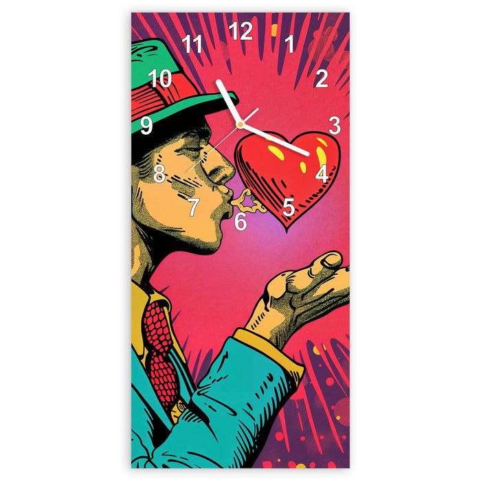 Wanduhr Kuss der Liebe aus Glas – Hochformat 30 × 60 cm mit Ziffernblatt Modern
