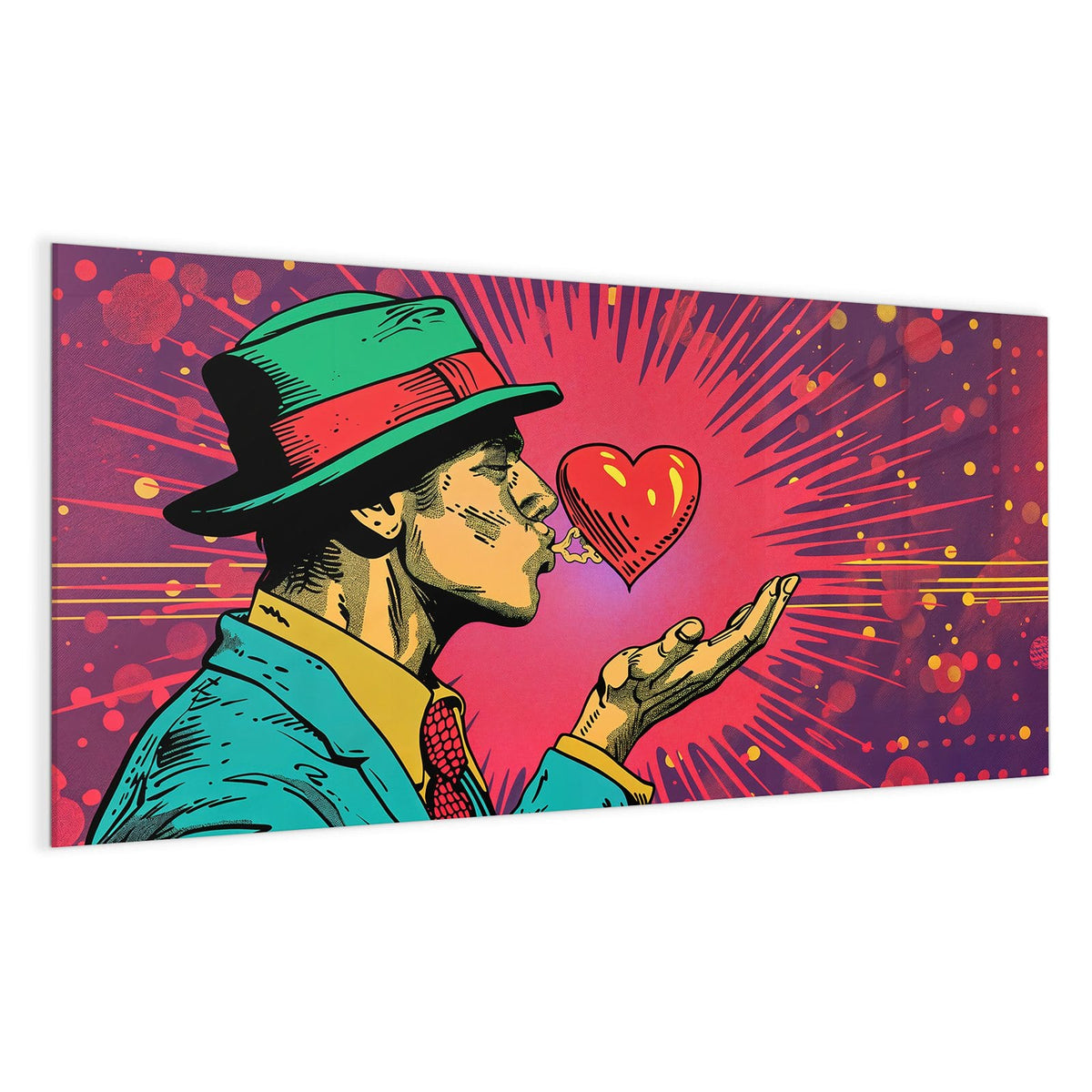 Comicfigur mit grün-rotem Hut pustet ein rotes Herz von der Handfläche, Strahlenhintergrund