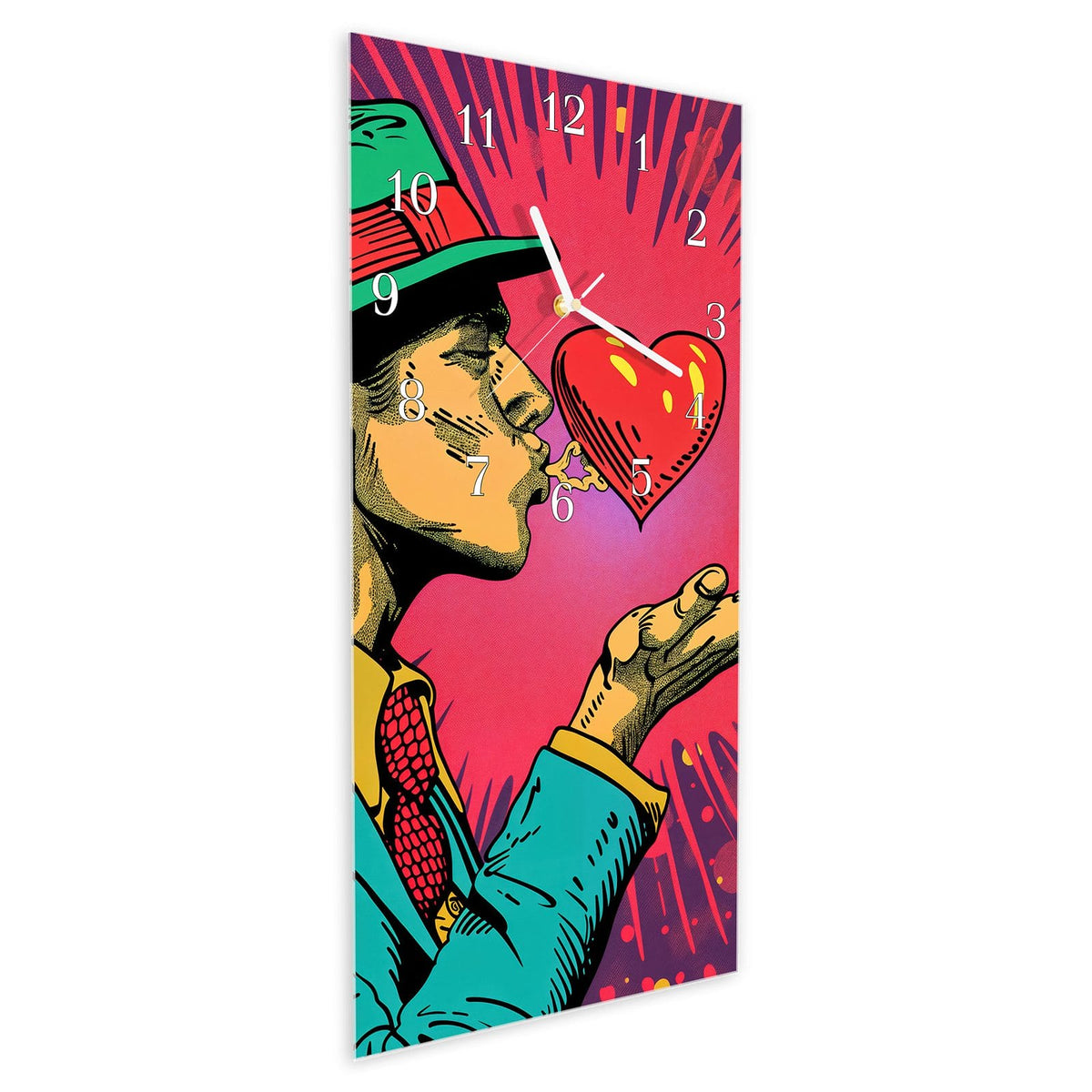 Vormontiert – mit Schwebeeffekt – Wanduhr Kuss der Liebe aus Glas – Hochformat 30 × 60 cm