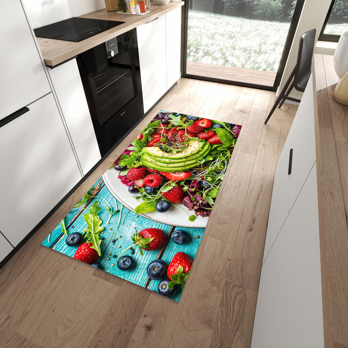 Waschbarer Küchenläufer mit Motiv Salat von Gesunder in moderner Küche