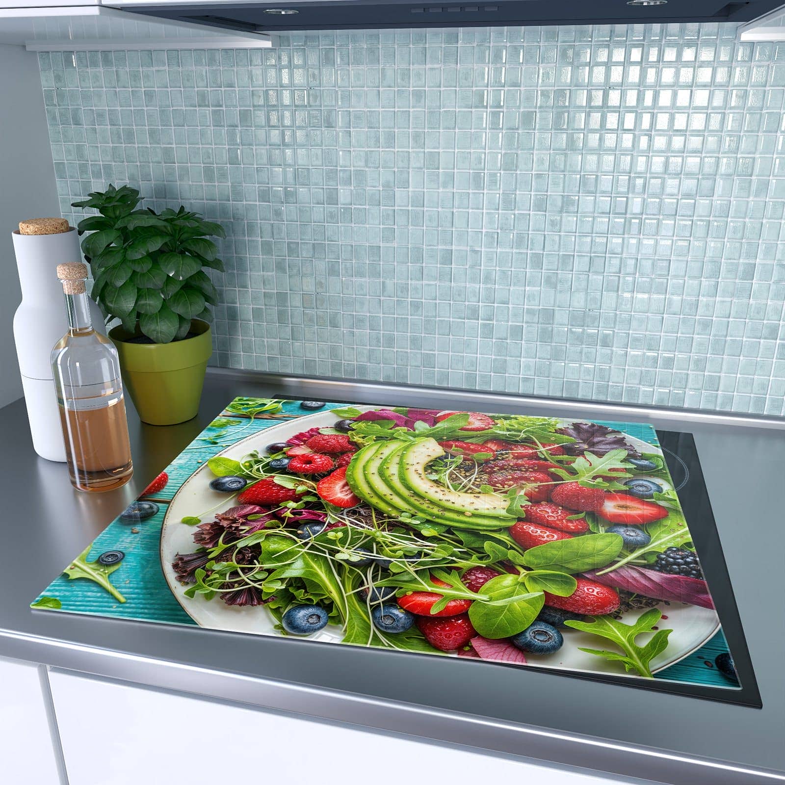 1-teilige Herdabdeckplatte mit Gesunder Salat Bowl-Motiv auf dem Ceranfeld