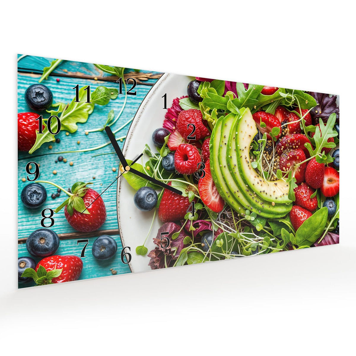 Vormontiert – mit Schwebeeffekt – Wanduhr Gesunder Salat Bowl aus Glas – Querformat 60 × 30 cm