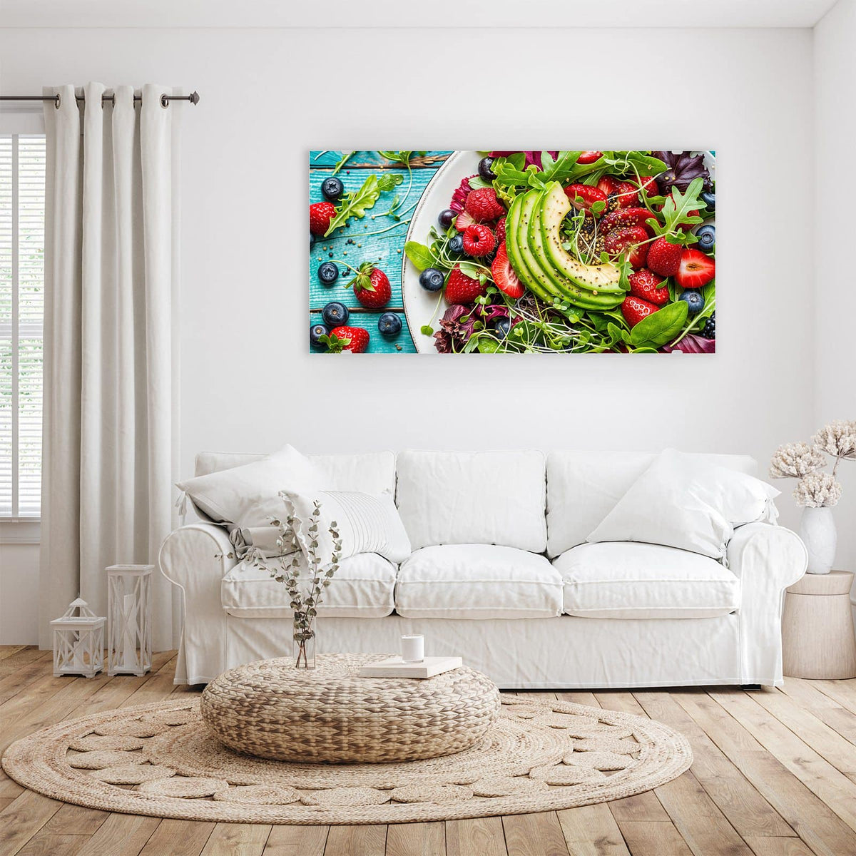 Wandbild - Salat mit Beeren - Querformat – Beeren und Avocado auf Türkis