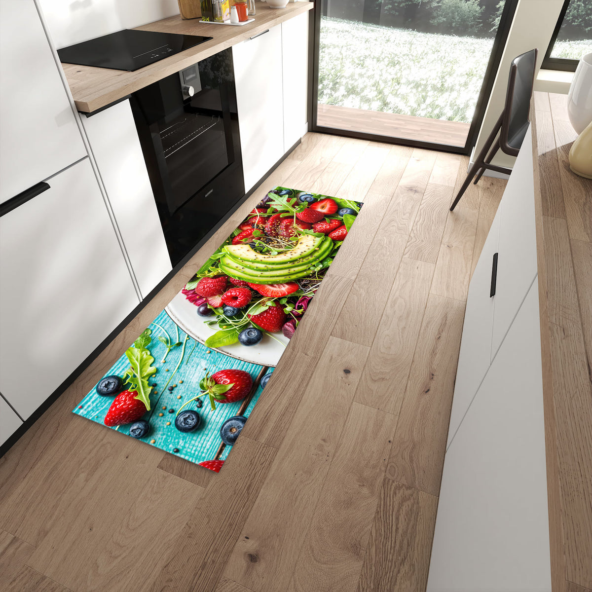 Langlebiger Küchenläufer mit Motiv Salat von Gesunder in moderner Küche