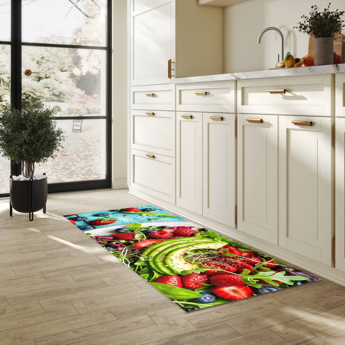 Geruchsneutraler rutschfester Läufer mit Motiv Salat von Gesunder in heller Küche
