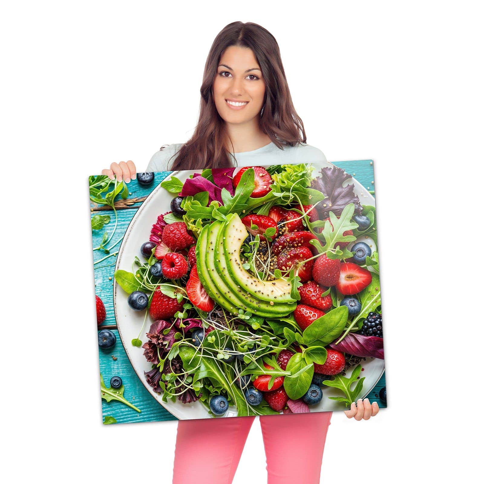 1-teilige Herdabdeckplatte mit Gesunder Salat Bowl-Motiv wird zur Größendarstellung gehalten