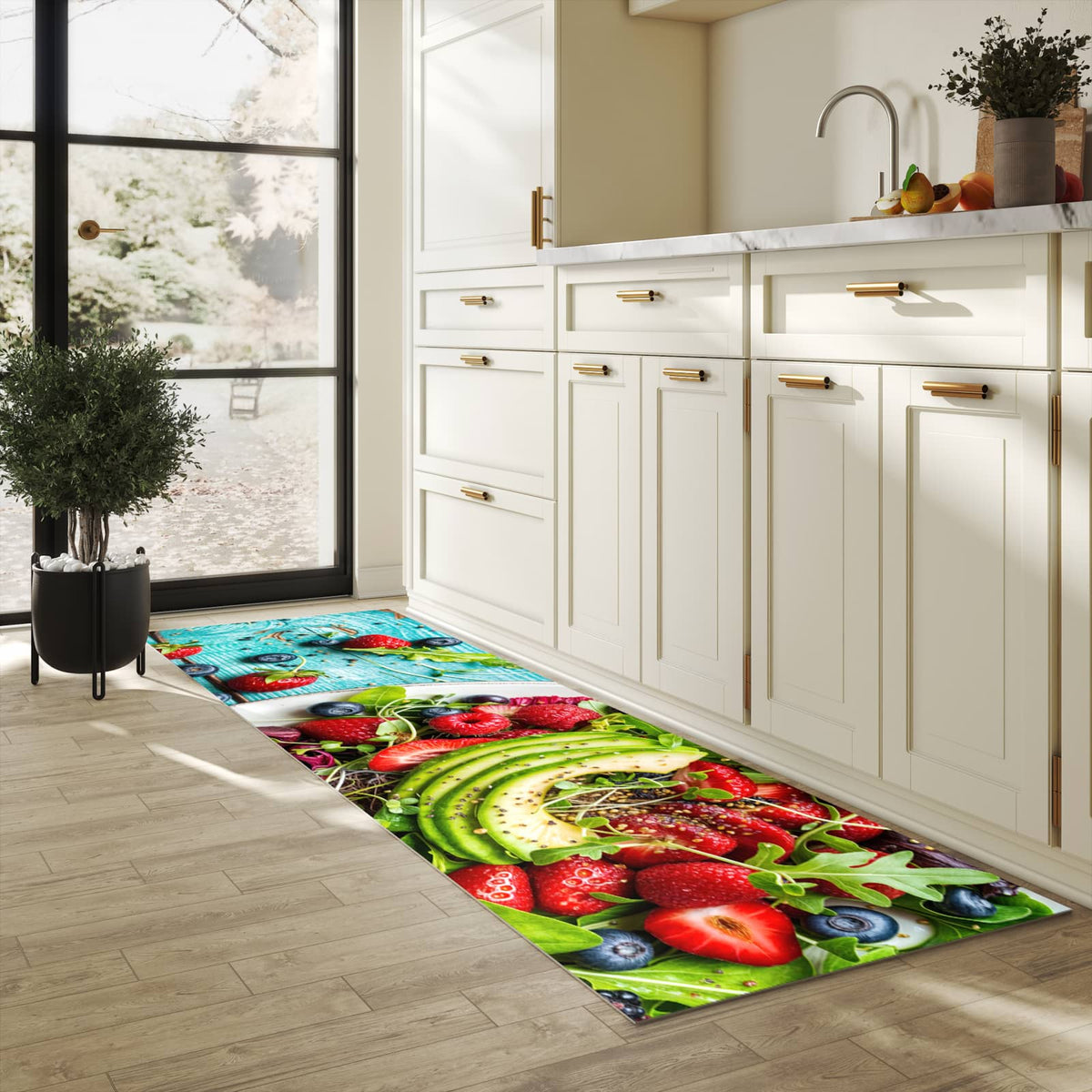 Flacher rutschfester Küchenteppich mit Motiv Salat von Gesunder in heller Küche