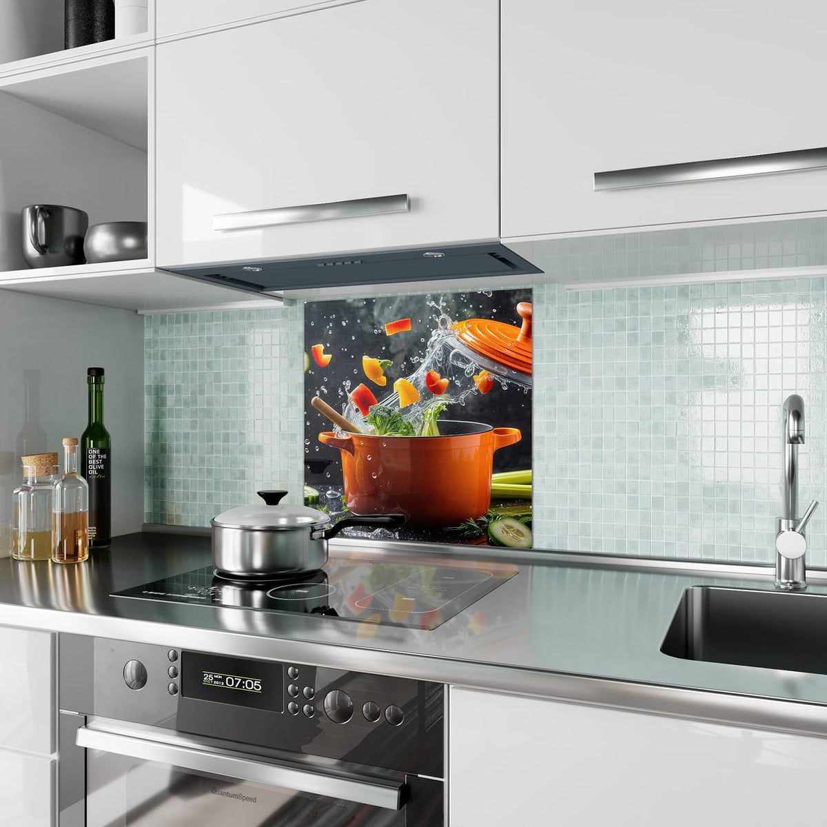 Küchenrückwand aus Glas Oranger Topf mit Gemüse im quadratischen Format als Spritzschutz hinter dem Kochfeld, über dem Fliesenspiegel montiert