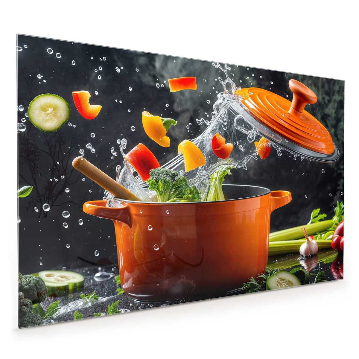 Küchenrückwand aus Glas im Hochformat mit Motiv Oranger Topf mit Gemüse: Oranger Emailletopf, aus dem Paprikastücke, Brokkoli und Wasser hochspritzen