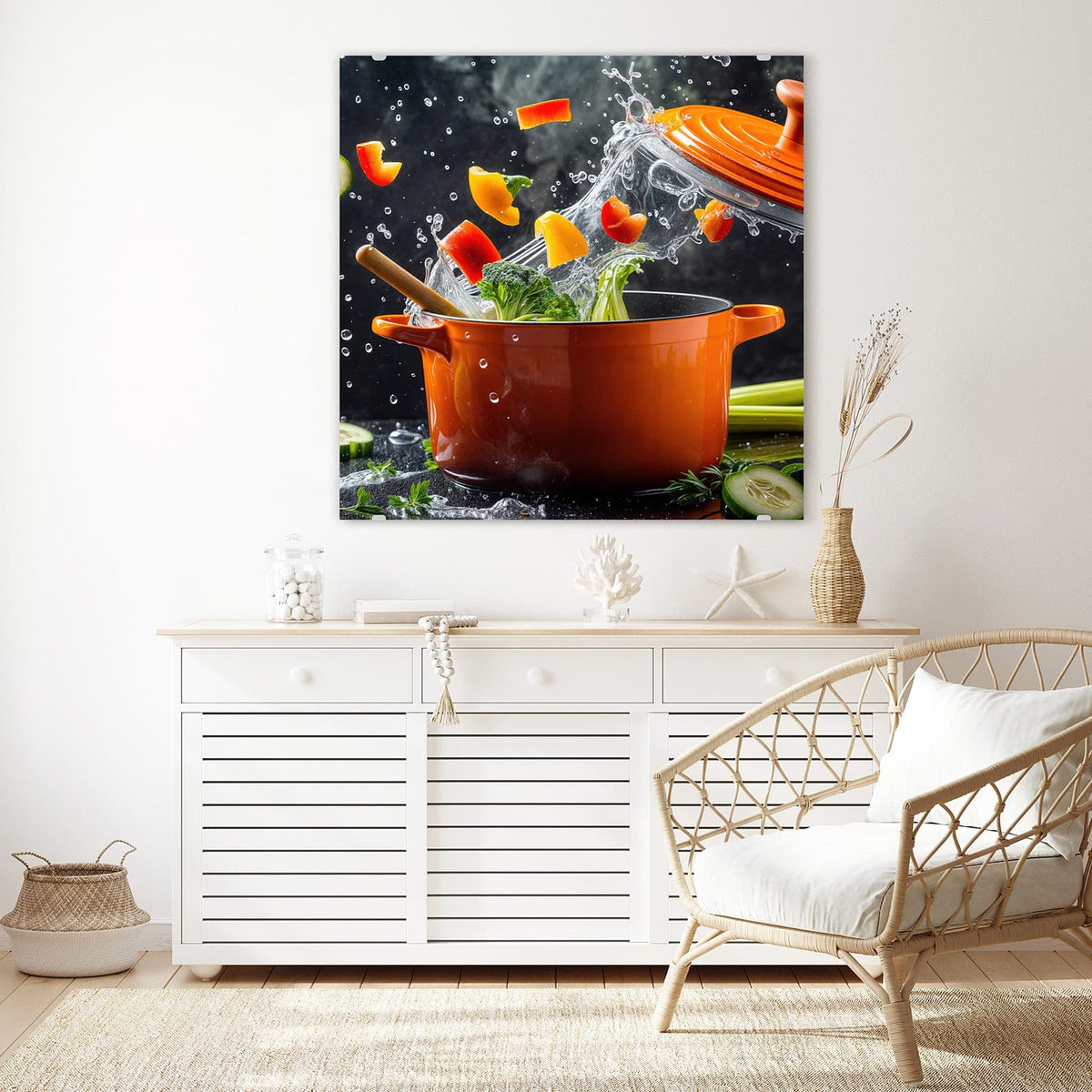 Echtglas, 4 mm – kein Acryl, keine Folie – Wandbild - Oranger Topf mit Gemüse - Quadratisch