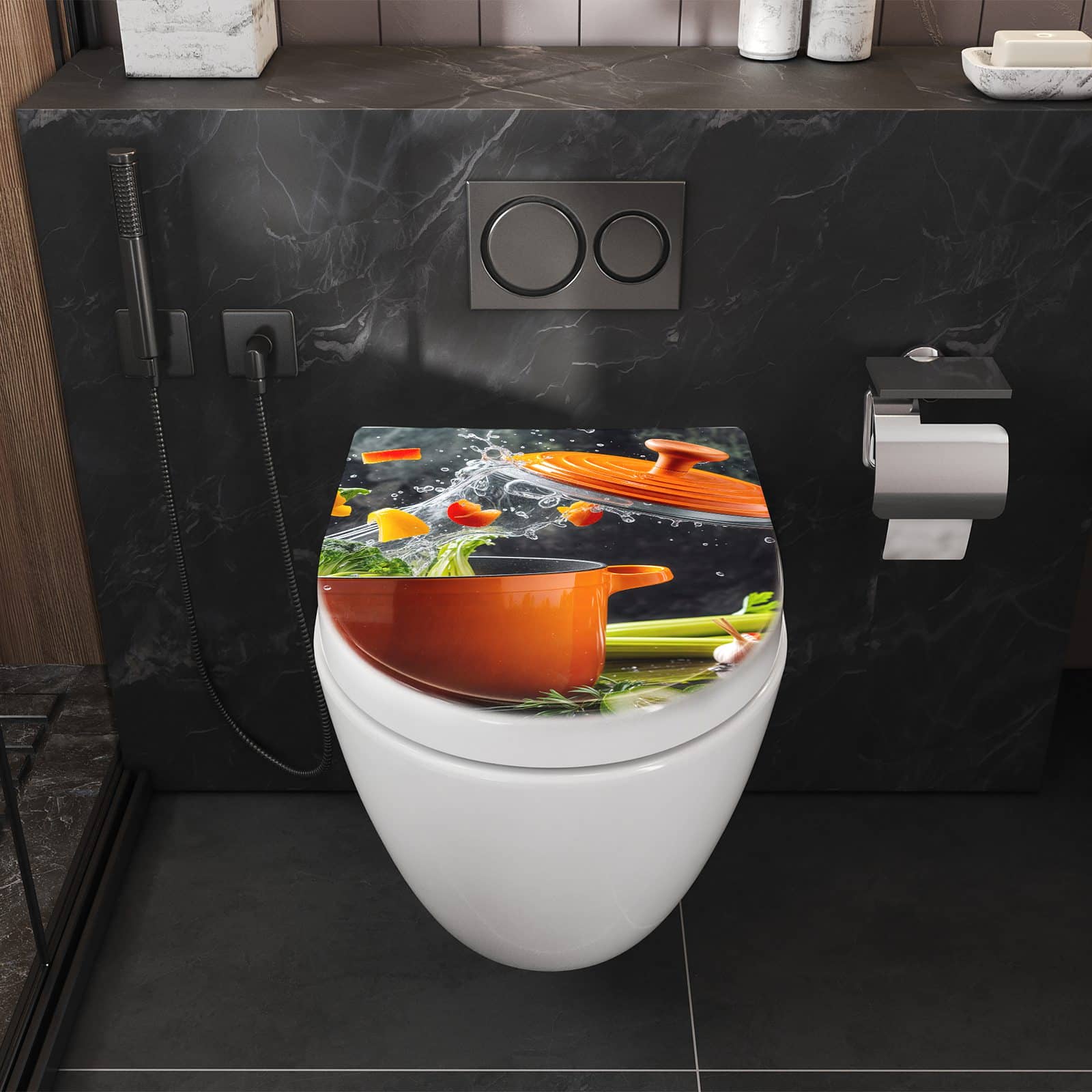 WC-Sitz mit Absenkautomatik Kochtopf mit Gemüse