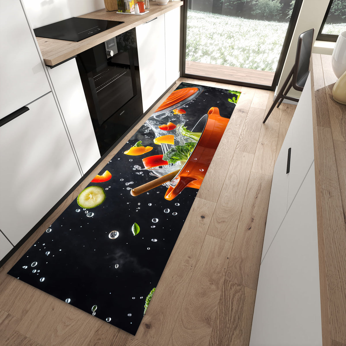 UV-beständiger Küchenläufer mit Motiv Kochtopf mit Gemüse in moderner Küche