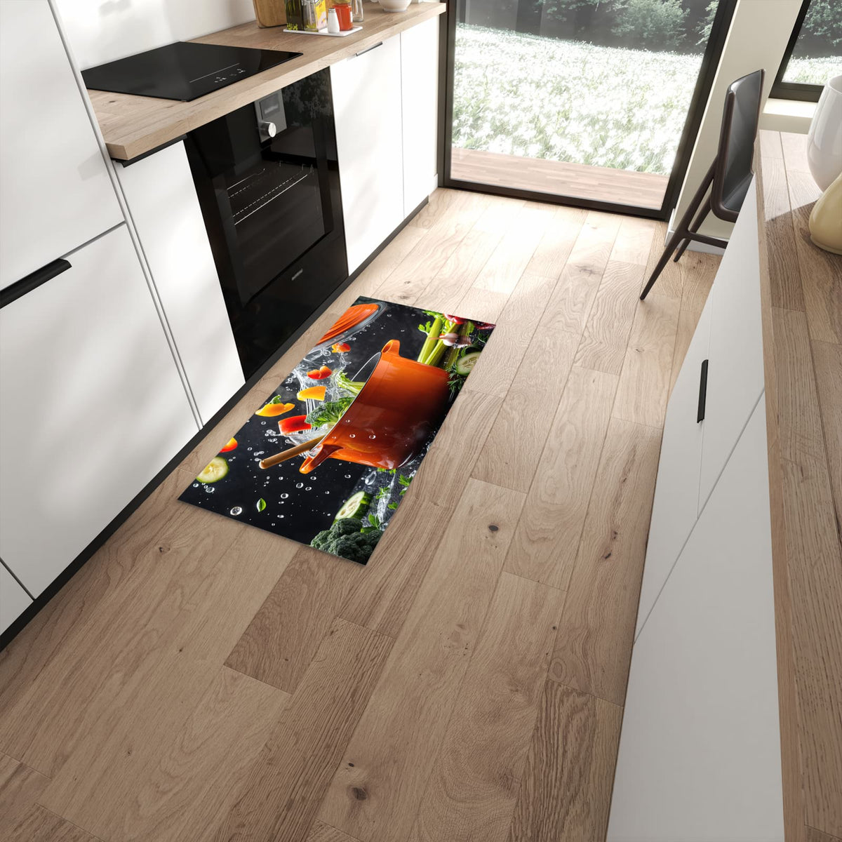 Bodenschonender Küchenteppich mit Motiv Kochtopf mit Gemüse in moderner Küche #grösse_60 x 120 cm