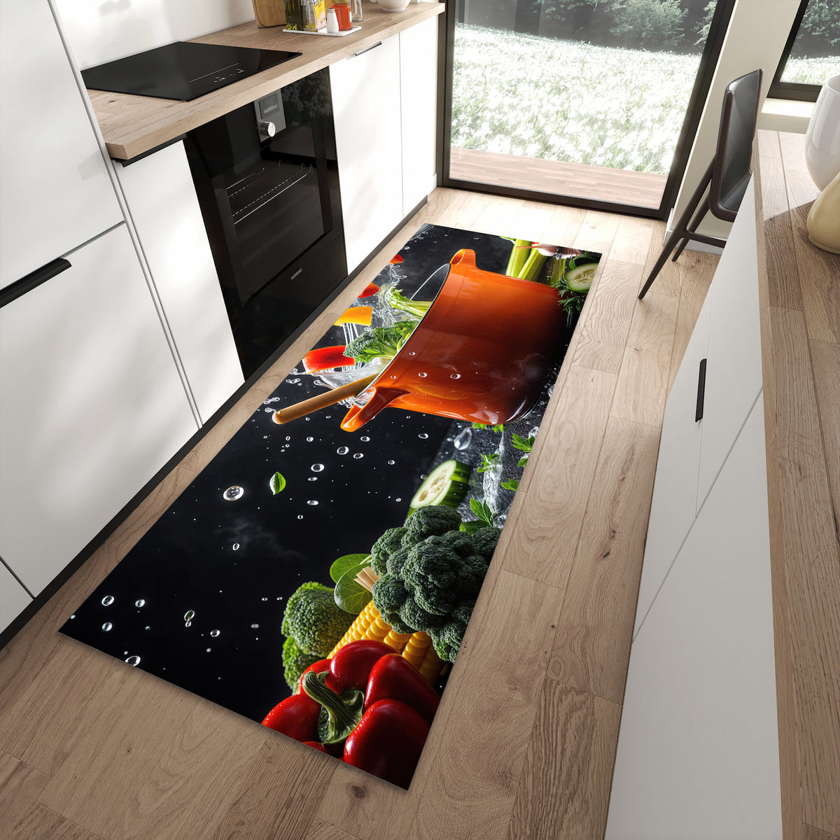 Fleckenresistenter moderner Küchenläufer mit Motiv Kochtopf mit Gemüse in moderner Küche