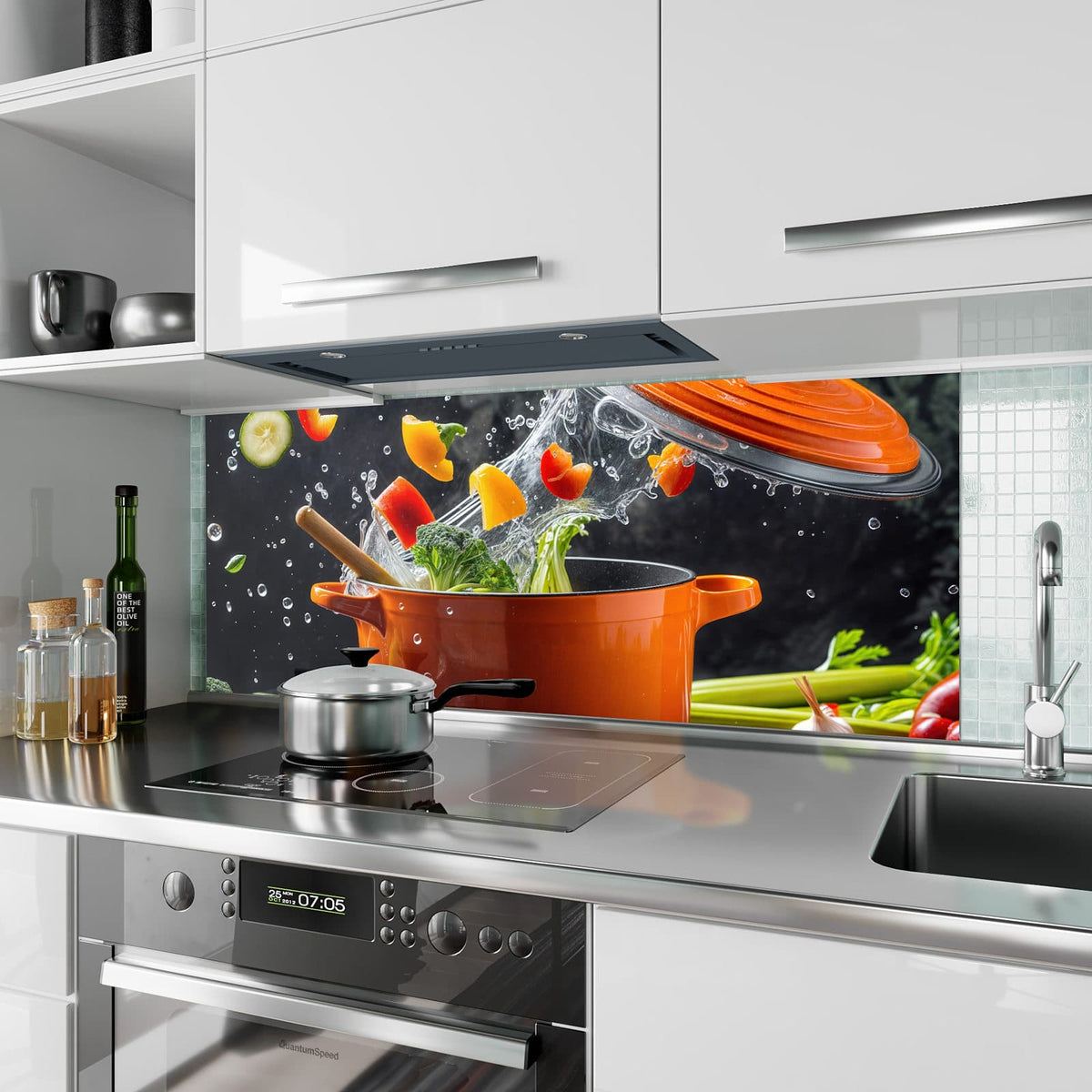 Küchenrückwand aus Glas Oranger Topf mit Gemüse im Hochformat als Spritzschutz hinter dem Kochfeld, über dem Fliesenspiegel montiert