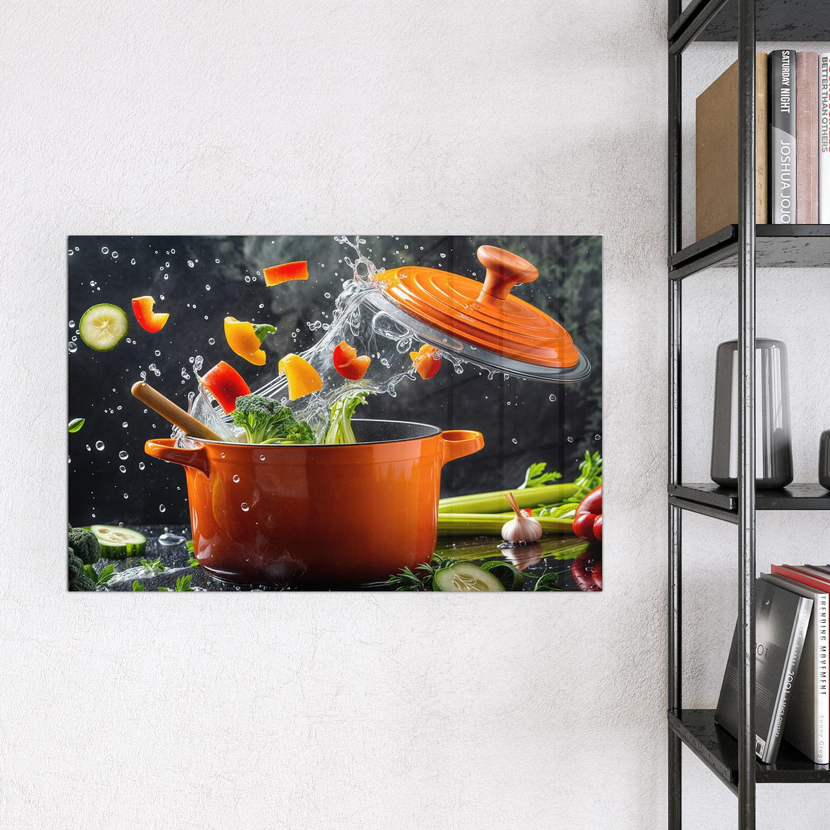 Magnettafel - Oranger Topf mit Gemüse – Oranger Topf mit spritzendem Gemüse