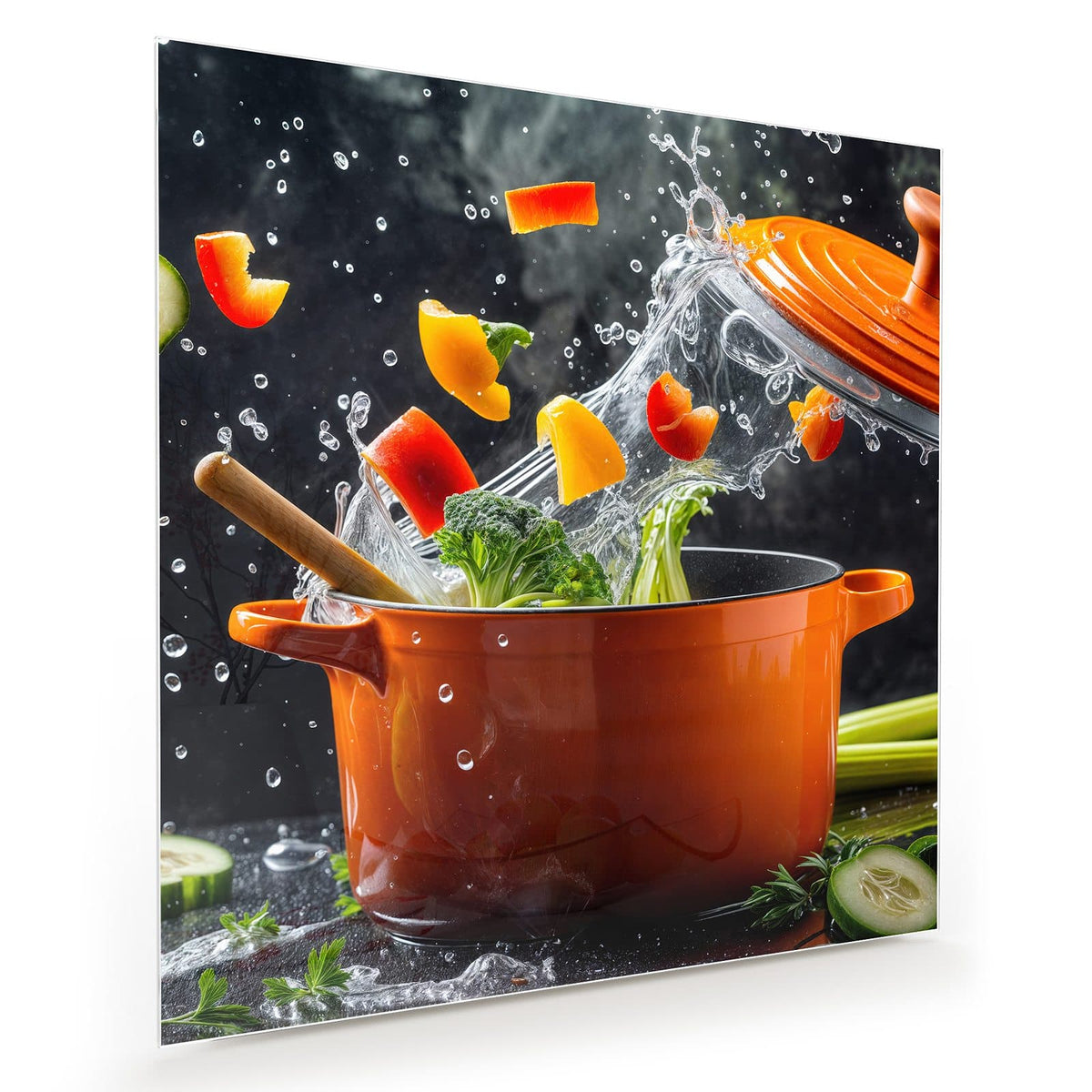 Oranger Emailletopf, aus dem Paprikastücke, Brokkoli und Wasser hochspritzen