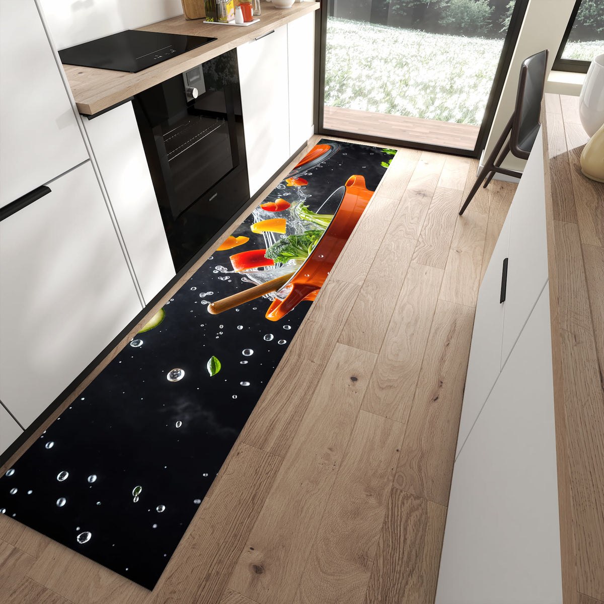 Rutschfester Küchenläufer mit Motiv Kochtopf mit Gemüse für sicheren Stand in moderner Küche