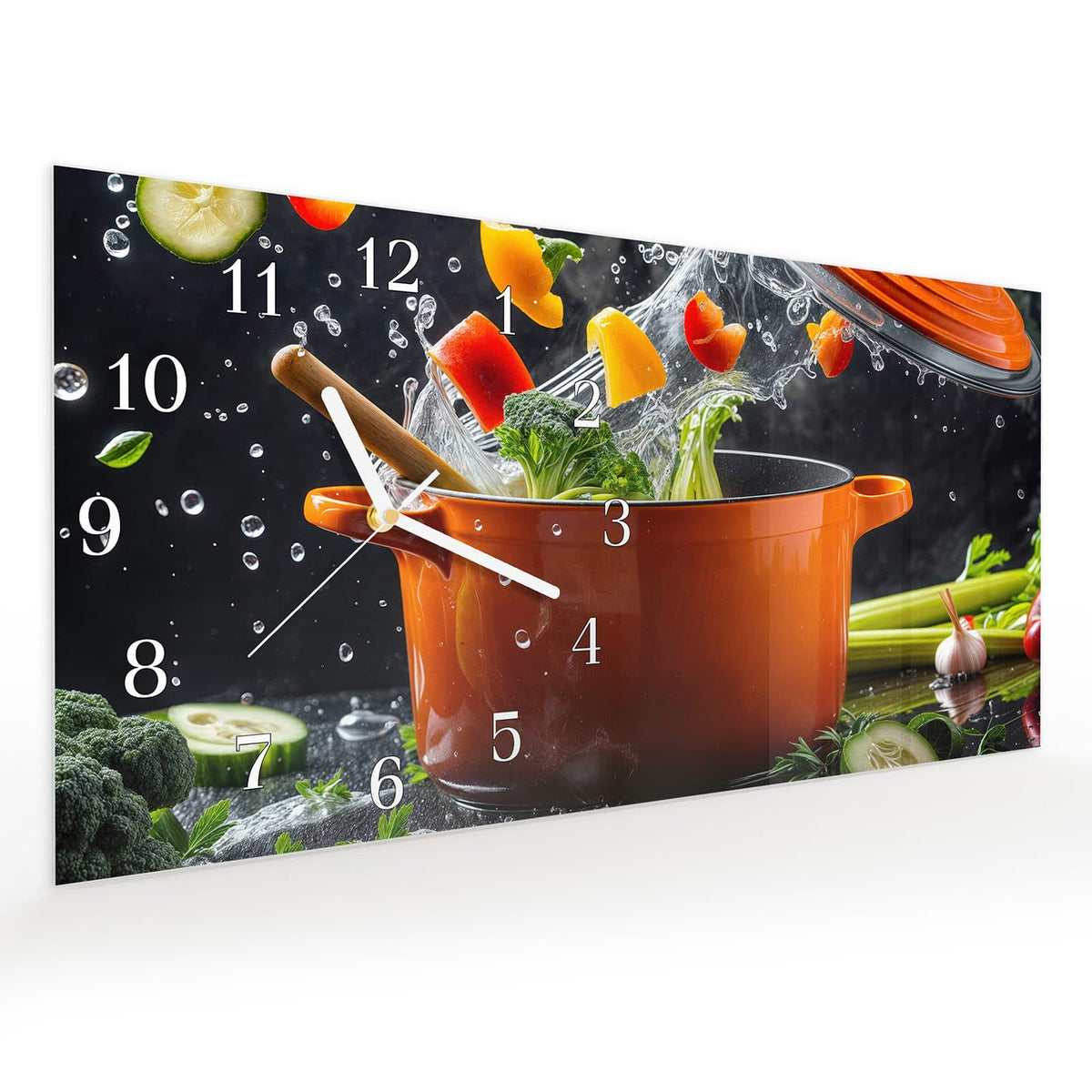 Vormontiert – mit Schwebeeffekt – Wanduhr Kochtopf mit Gemüse aus Glas – Querformat 60 × 30 cm