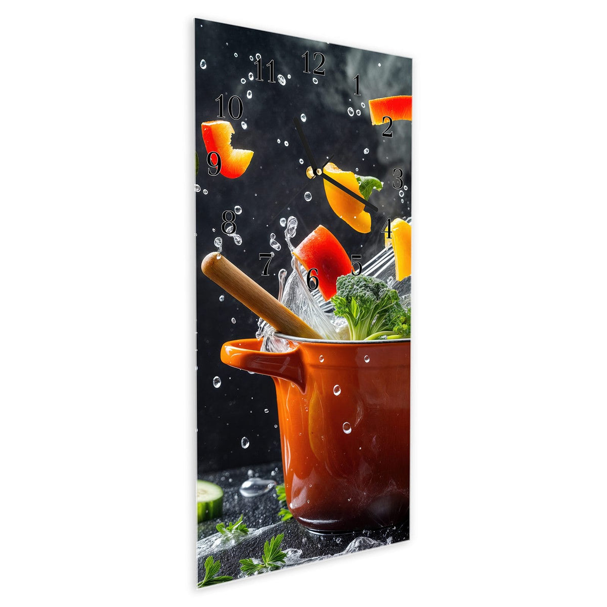 Vormontiert – mit Schwebeeffekt – Wanduhr Kochtopf mit Gemüse aus Glas – Hochformat 30 × 60 cm