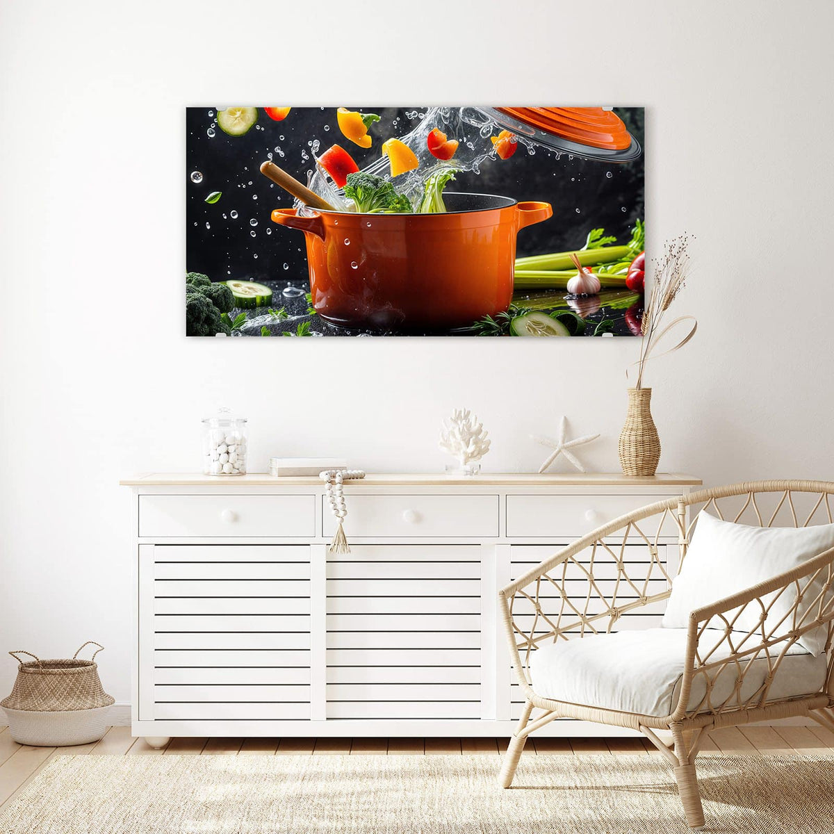 Echtglas, 4 mm – kein Acryl, keine Folie – Wandbild - Oranger Topf mit Gemüse - Querformat